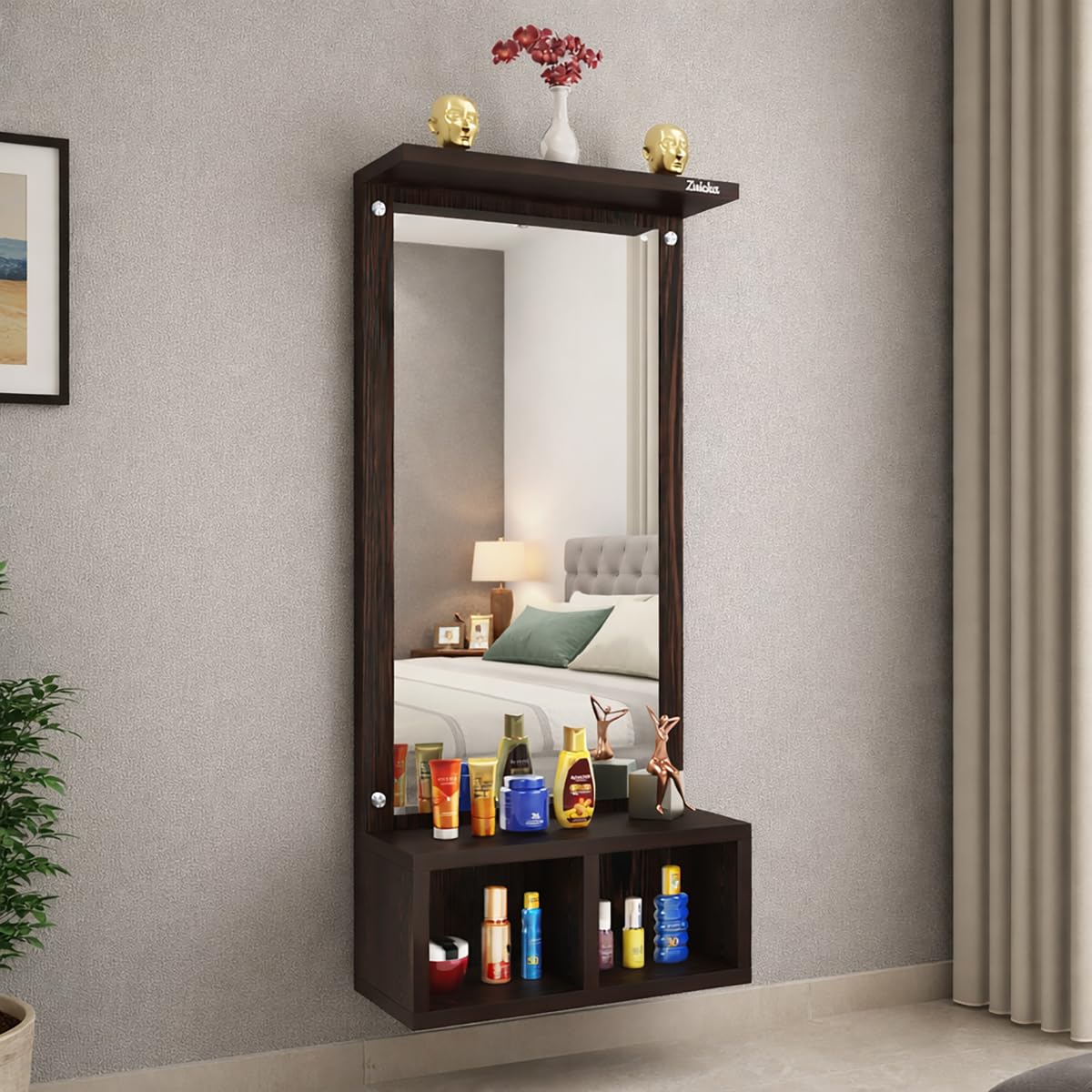 Zuicka Wall Mounted Wooden Mirror Cabinet with Storage Shelf | Dressing Mirror with Organizer | Bathroom & Bedroom Wall Shelf | 37 x 81 cm (Dark Wood Finish) 2