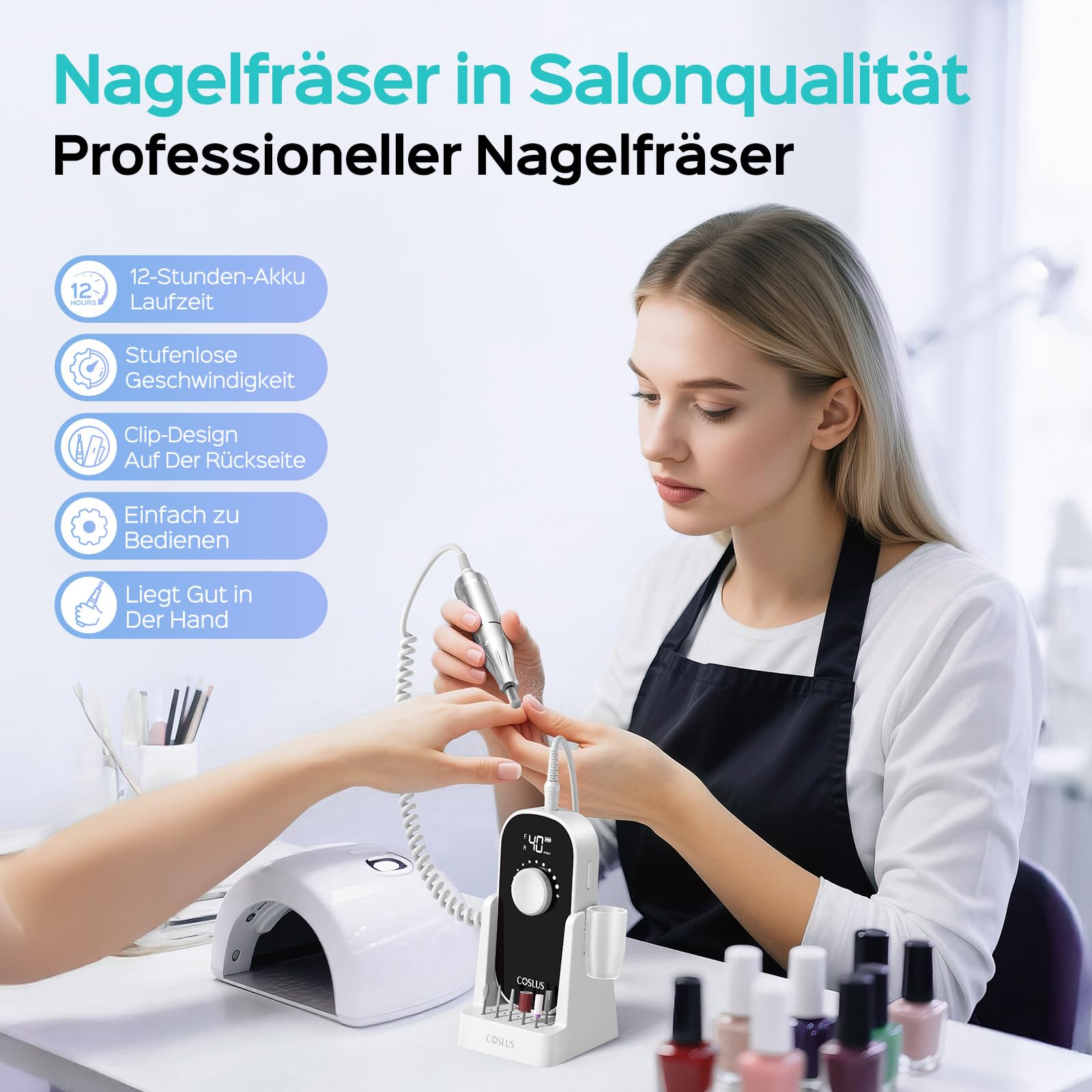 COSLUS E51 Elektrische Nagelfräser 40000 U/min: 6-in-1 Professionell Nagelpflege Set für Gelnägel Acrylnägel für Salon und Zuhause Mit Gel-Entfernung und Pediküre-Funktion Tragbar und Geräuscharm