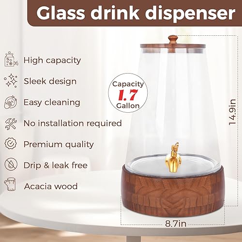 Miniatura 4 de Dispensador de bebidas de vidrio para fiestas, dispensador grande de bebidas de 1.72 galones con soporte dispensadores de jugo con jarra de espita
