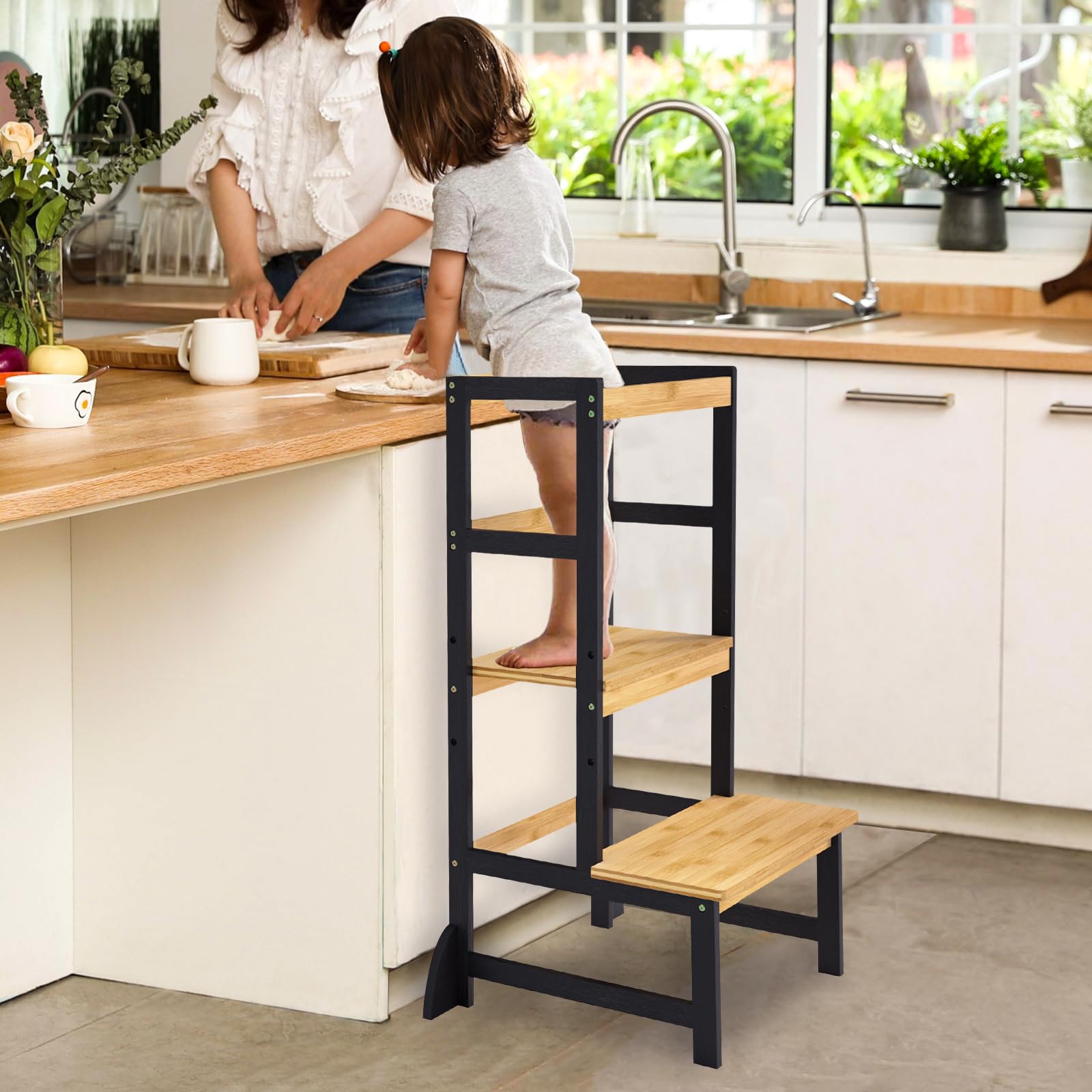 Lernturm ab 1 Jahr für Kinder aus Bambus | Kippschutz, Höhenverstellbar,Für Küche,Tisch,Bad