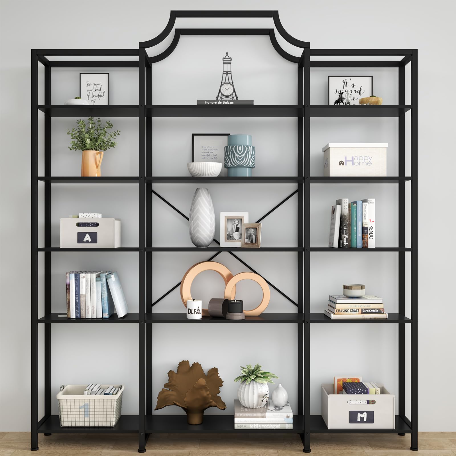 Auromie Triple Wide 5-Tier Bookshelf, 70.87" L x 79.13" H Extra Large Bookcase, Tall Open Etagere Display Shelf with Metal Frame, Freestanding Modern