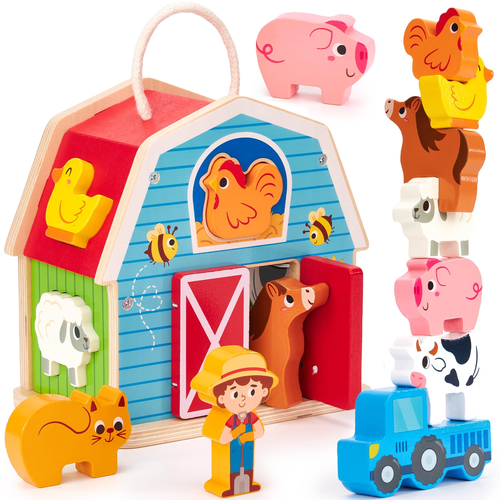 hahaland Wooden Montessori Toys Farm Animals Barn for Toddlers 1-3