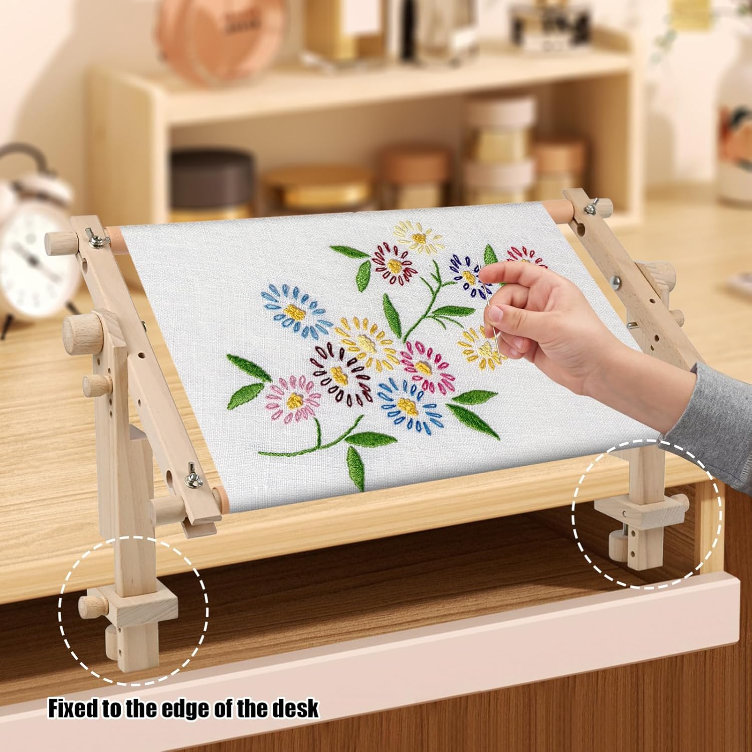 Adjustable Embroidery Stand for Table - Cross Stitch Hoop Stand for Table, Beech Wood Tapestry Scroll Embroidery Frames Holder with 20in * 12in Cross Stitch Hoop