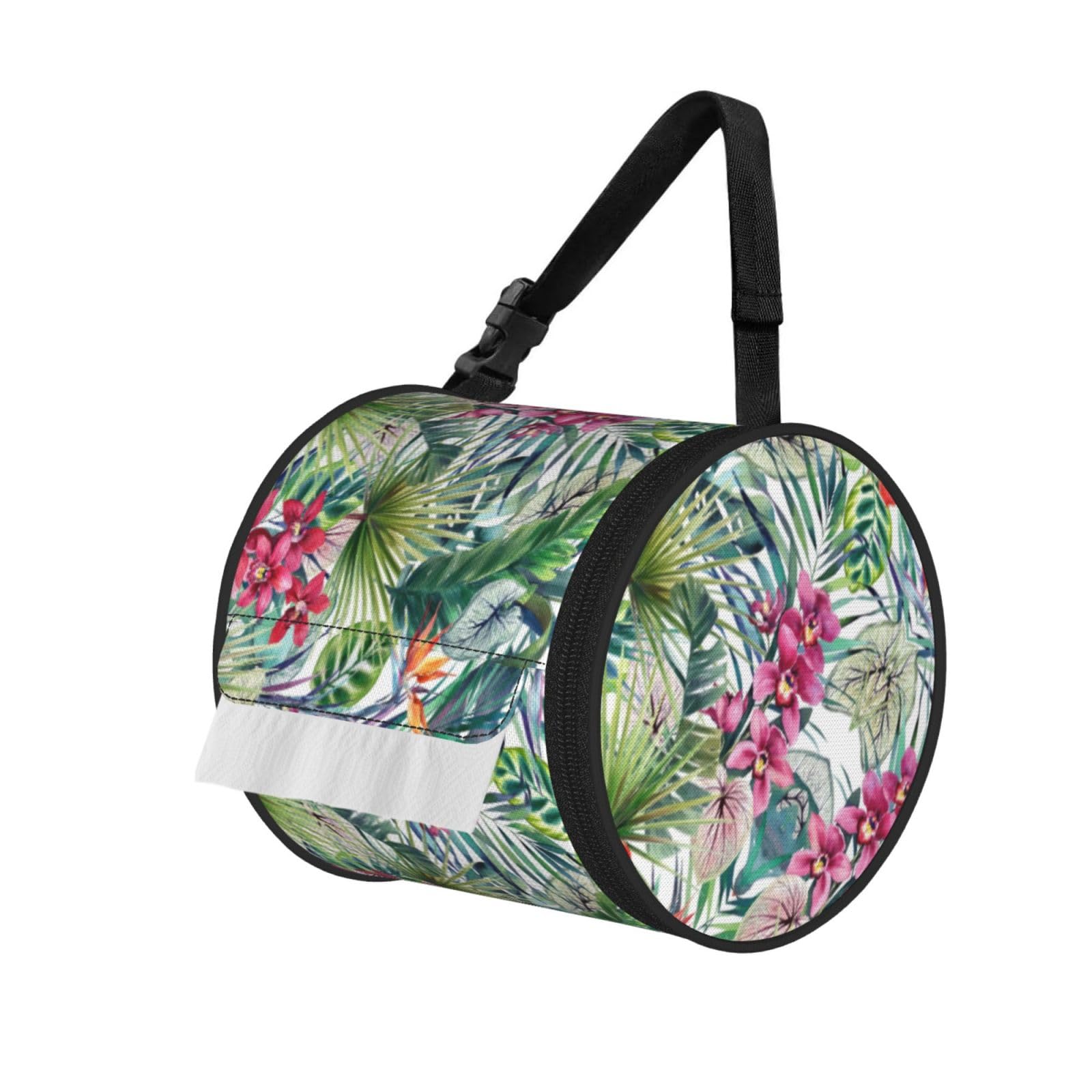 Tropical Plants Print Round Paper Tissue Holder With Shoulder Strap, Portable Roll Case For Caravan Travel Use
