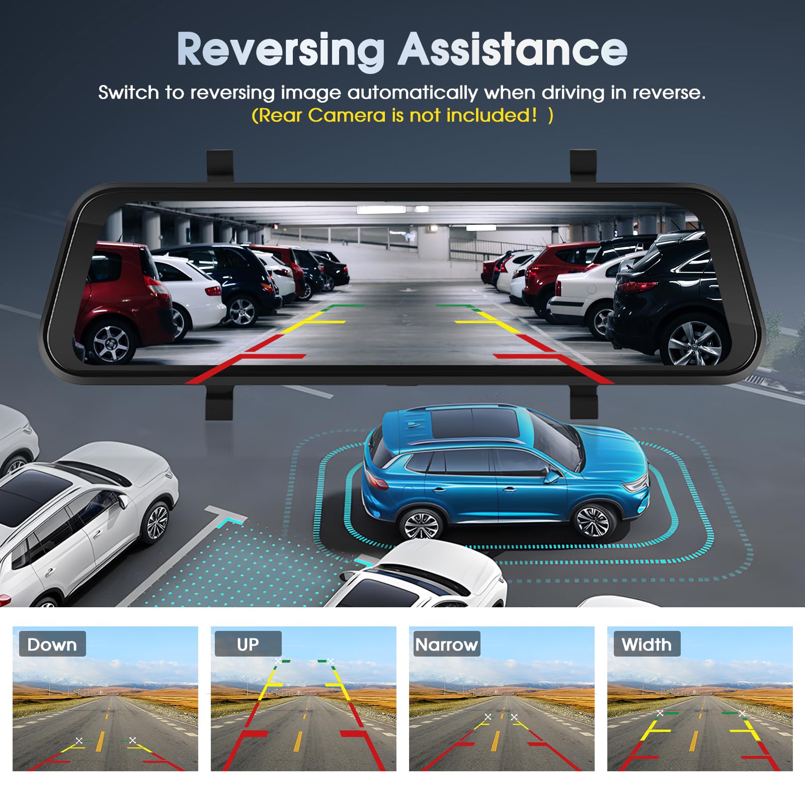 Videocamera 9.66" Specchietto Con Apple Carplay Wireless, Android Auto Con Telecamera Retromarcia HD, IPS Touchscreen Doppio 1080P Videocamera Specchietto Auto, 2 Schermi Divisibili, Bluetooth
