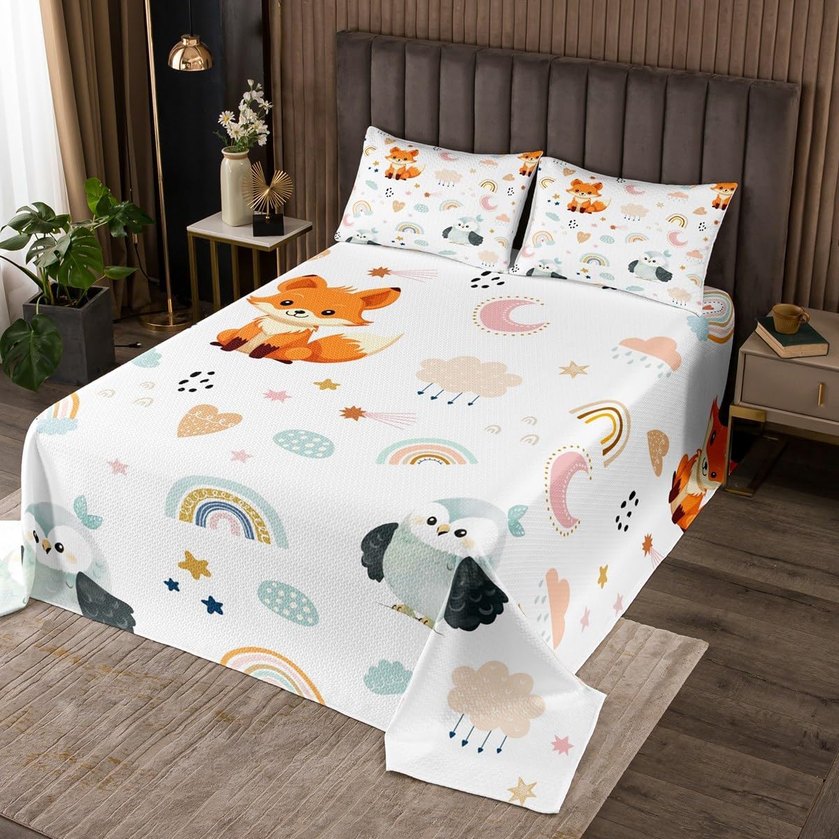 Cute Fox Owl Bedspread King Size,Colorful Rainbow Stars Cloud Moon Print Bedding Set 3Pcs for Kids Girls Boys Room Decor,Cartoon Animals Comforter Set Sweet Lovely Quilt Coverlet,2 Pillowcases