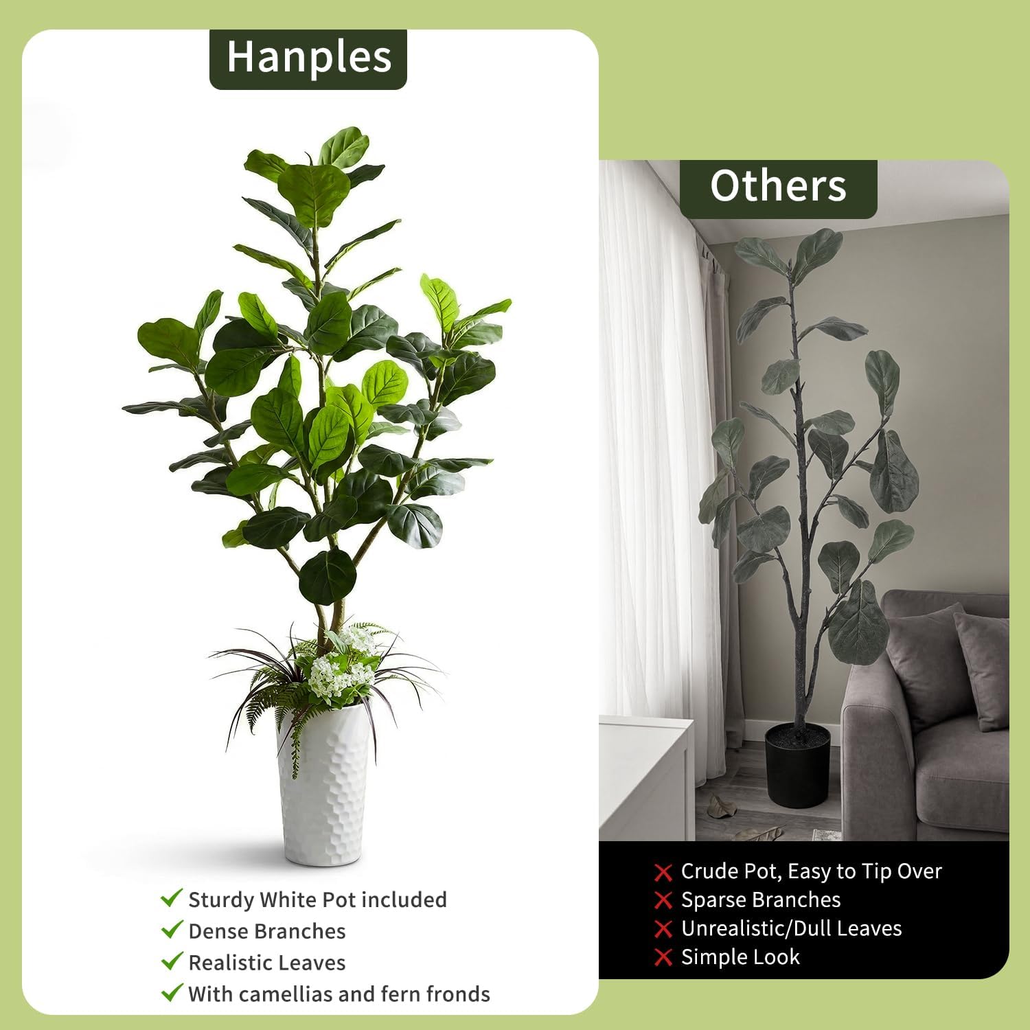 6FT Artificial Fiddle Leaf Fig Tree, Faux Fig Tree with White Planter Filled with Greenery & Fixed Tray for Stability, Sturdy Trunk & Lifelike Leaves Artificial Fake Tree for Home Office Indoor Decor