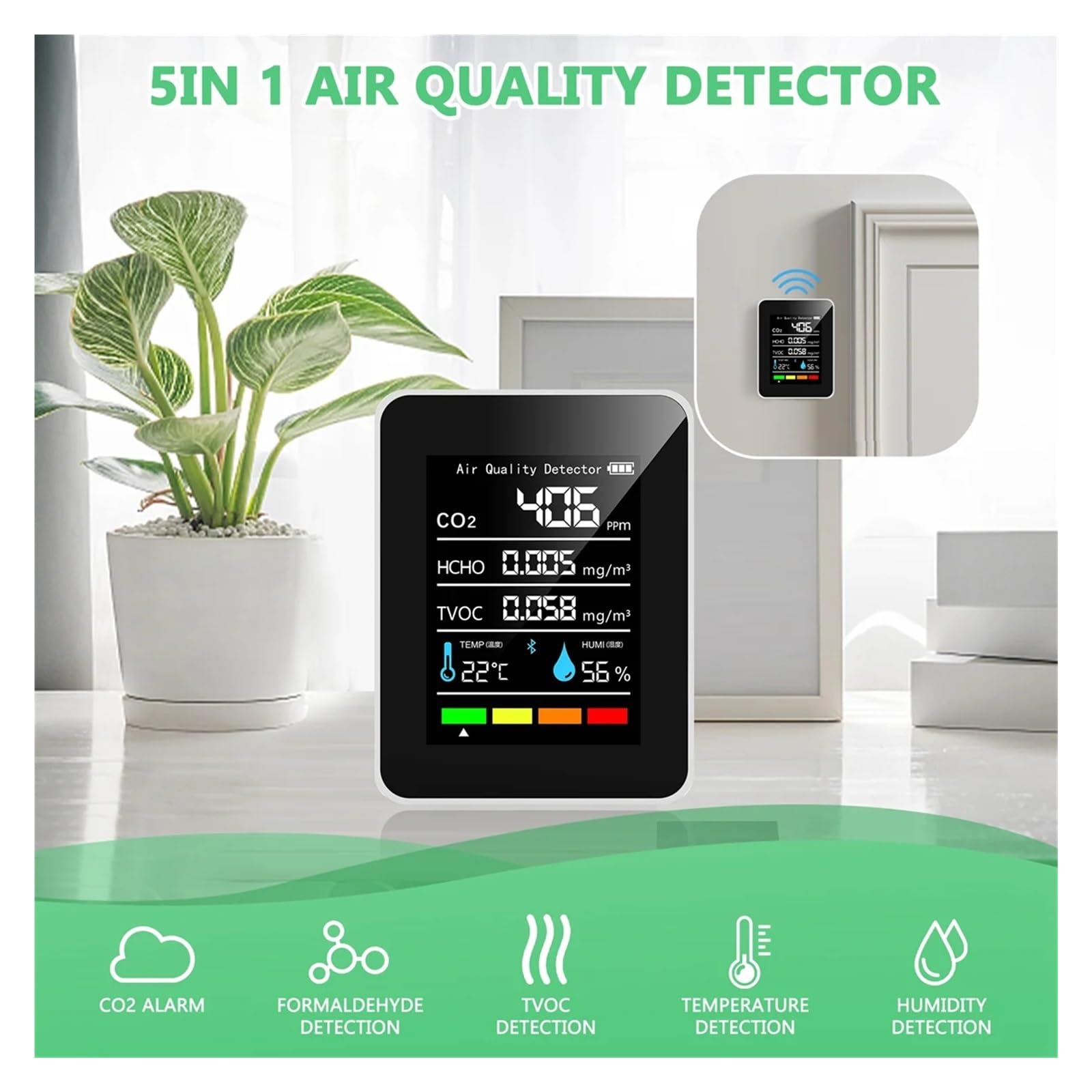 Medidor Digital De CO2 5 En 1, Probador De Temperatura Y Humedad, Detector De Dióxido De Carbono, Monitor De Calidad del Aire, Analizador TVOC HCHO FáCil De Usar(White)