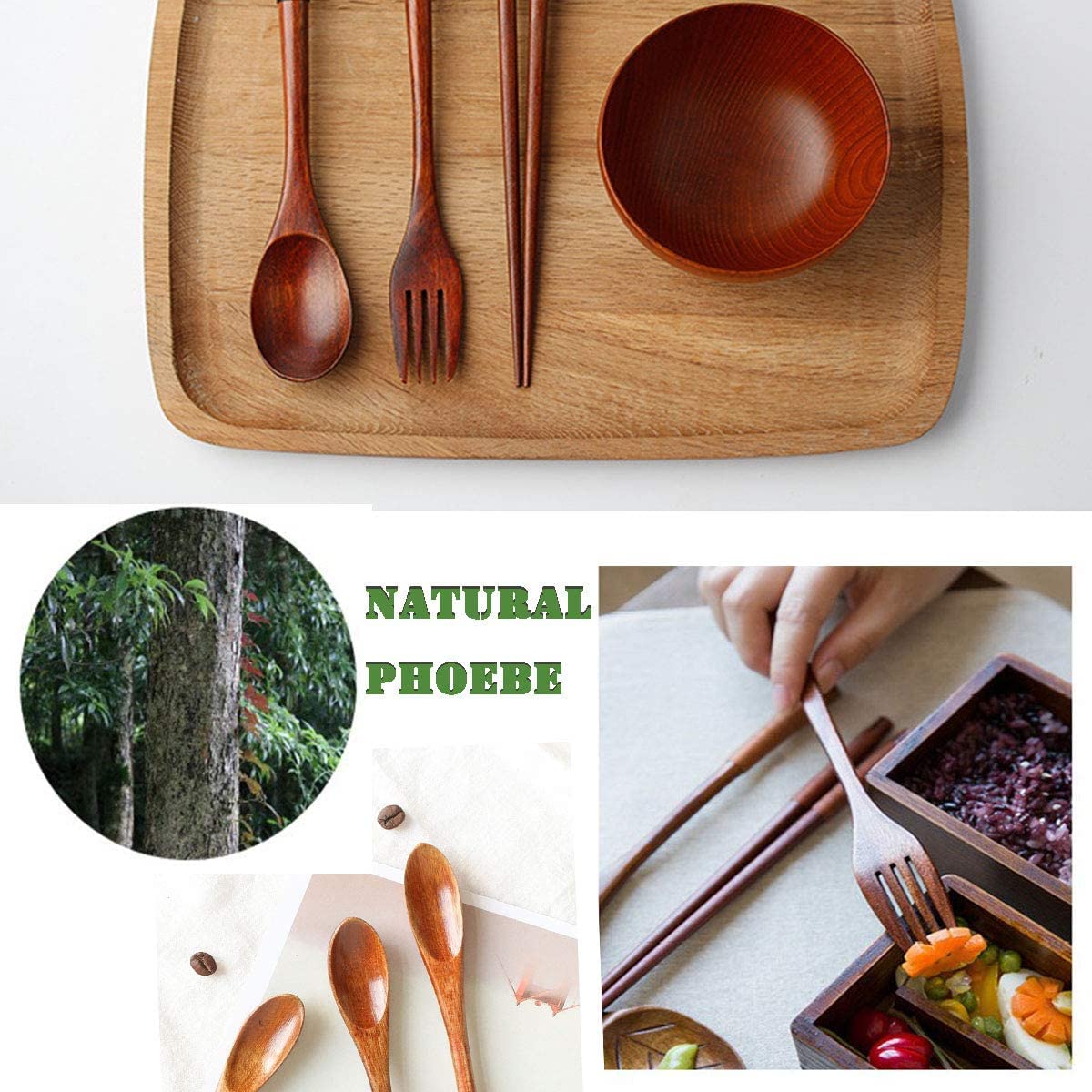 Busnos Reusable bamboo Utensils for Eating 8 Pcs Travel Wooden Spoons Forks Chopsticks Cutlery Set with Case Portable Lunch Utensils Silverware Set for Lunch Wood Flatware Set for Eating