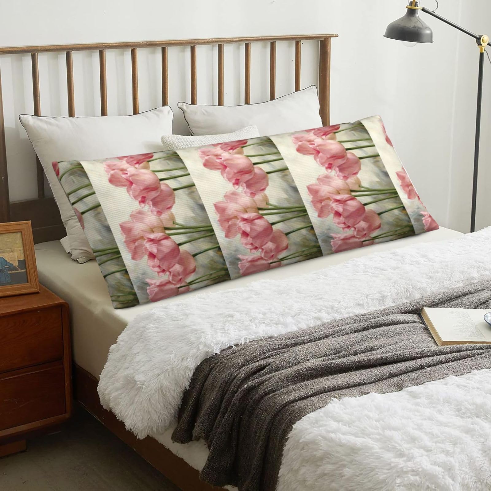 Pink Tulips Printed, Body Pillow Cover with Zipper,Long Body Pillowcase 20 x 60 in