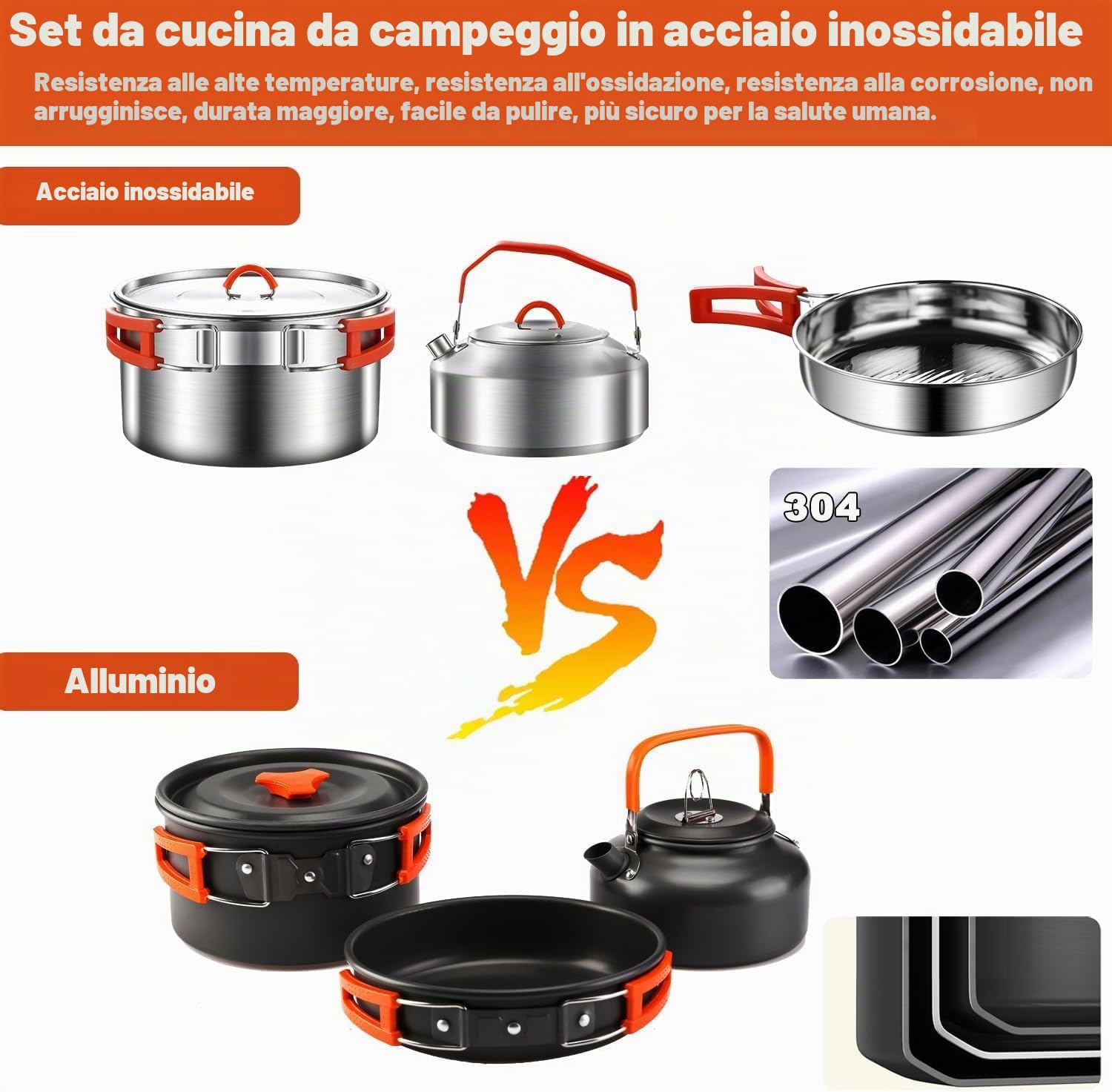 Set di pentole da campeggio, in acciaio inox 304, set di pentole e padella, con bollitore, tazze, piatti, forchette, coltelli, cucchiai per campeggio, attività all'aperto, escursioni, picnic, RVs per