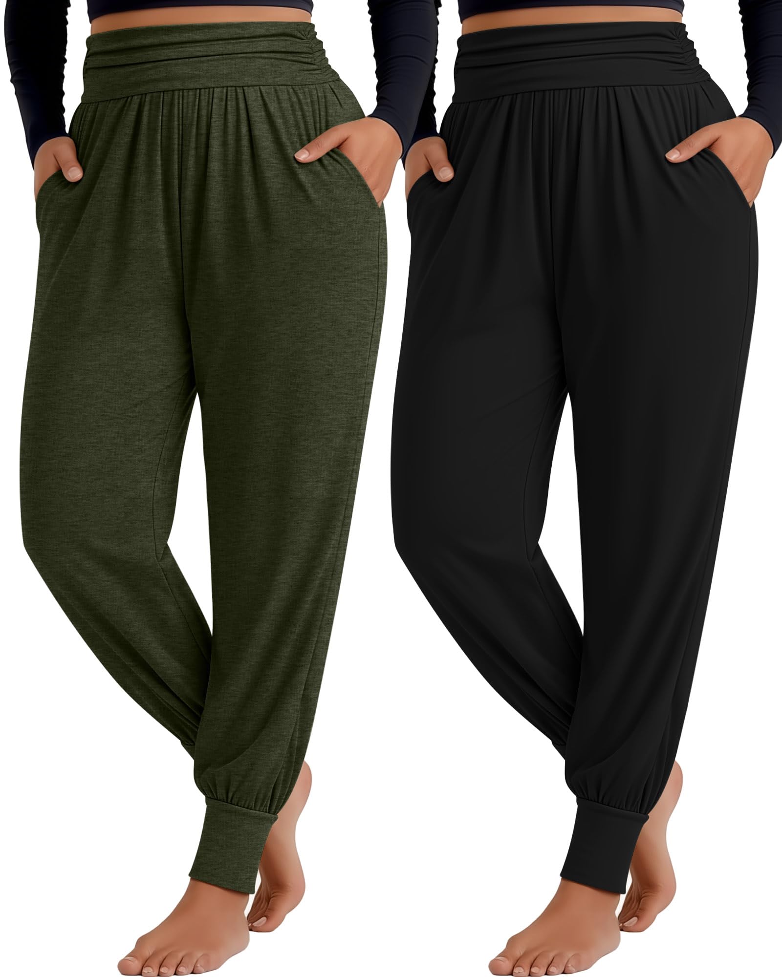 Evervibe 2 Pack Womens Plus Size Yoga Joggers, Loose Workout Sweatpants Comfy Lounge Pants with Pockets Casual Pajama Pants