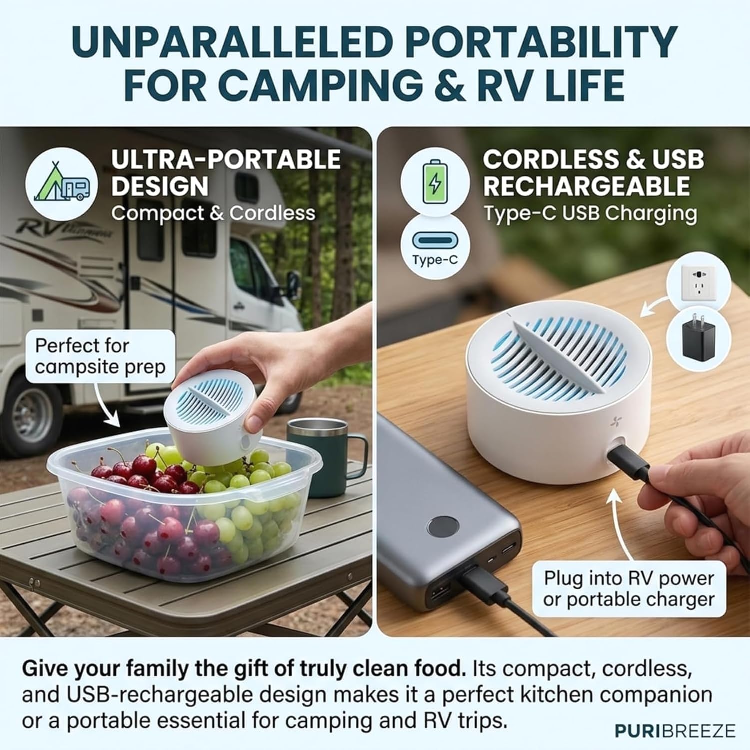 Puribreeze Portable Fruit and Vegetable Washer with Titanium Electrolysis, IPX7 Waterproof Cordless USB Rechargeable for Home Kitchen
