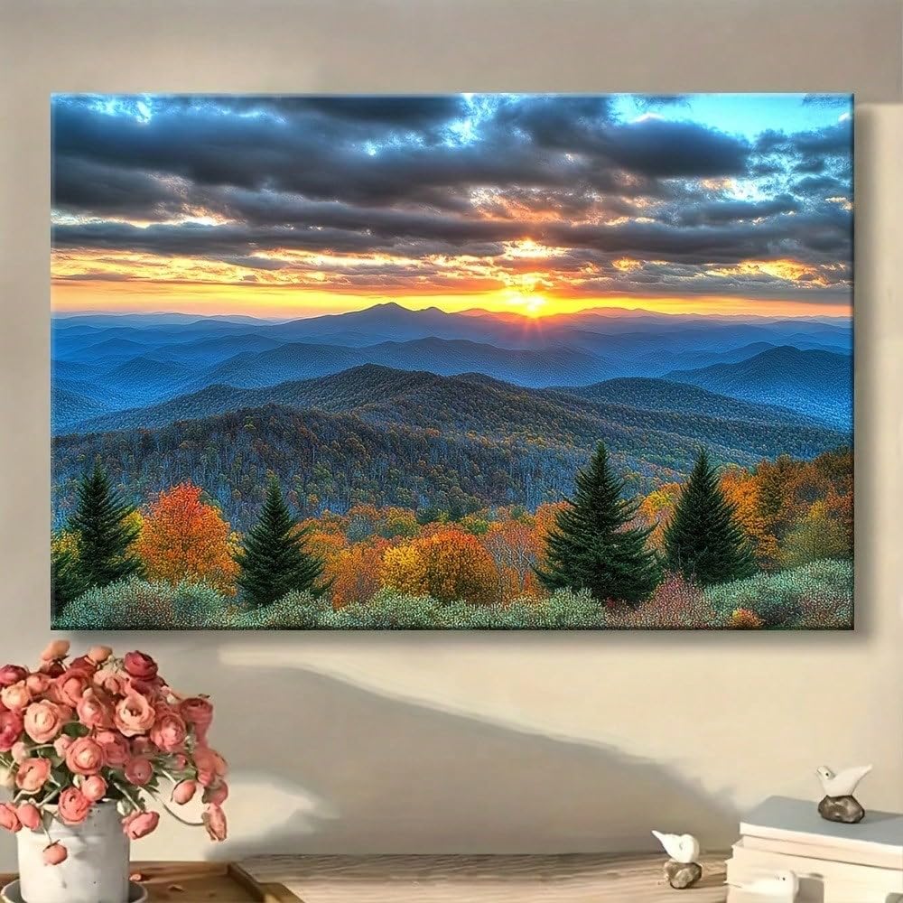 Pewfbs Men's No Frame Canvas Wall Art, Blue Ridge Parkway Sunrise Canvas Wall Art Mountainous North Carolina Scenery For Bedroom Decor(60X95cm/Without Frame)