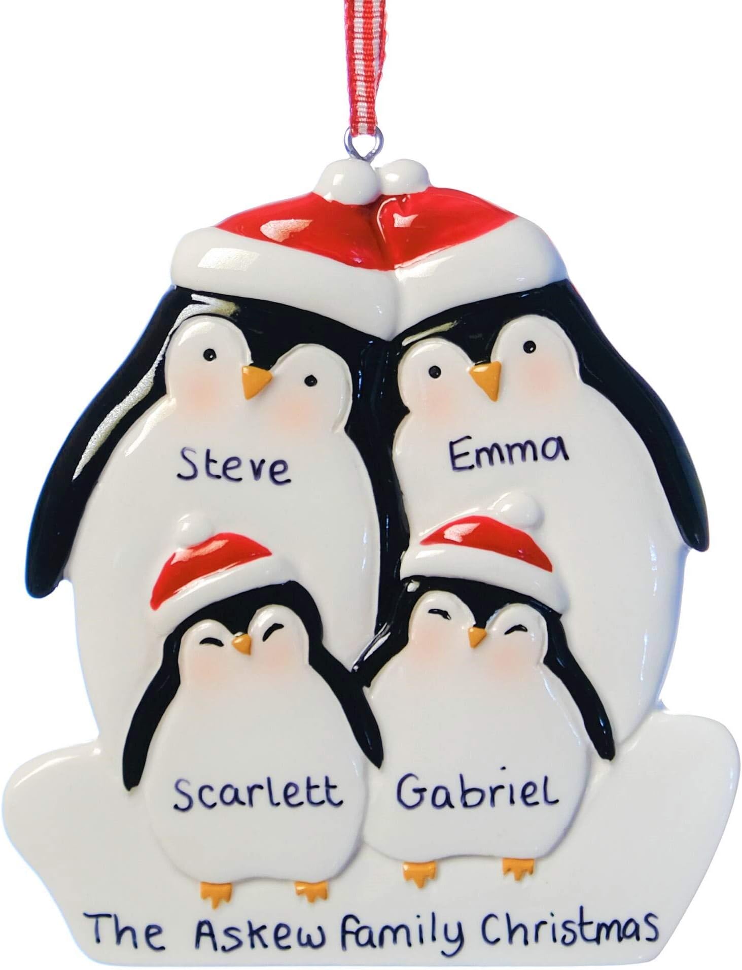 Personalised Penguin Christmas Decoration Family of Four Bauble Xmas tree hanging Ornament any Name Keepsake Plaque