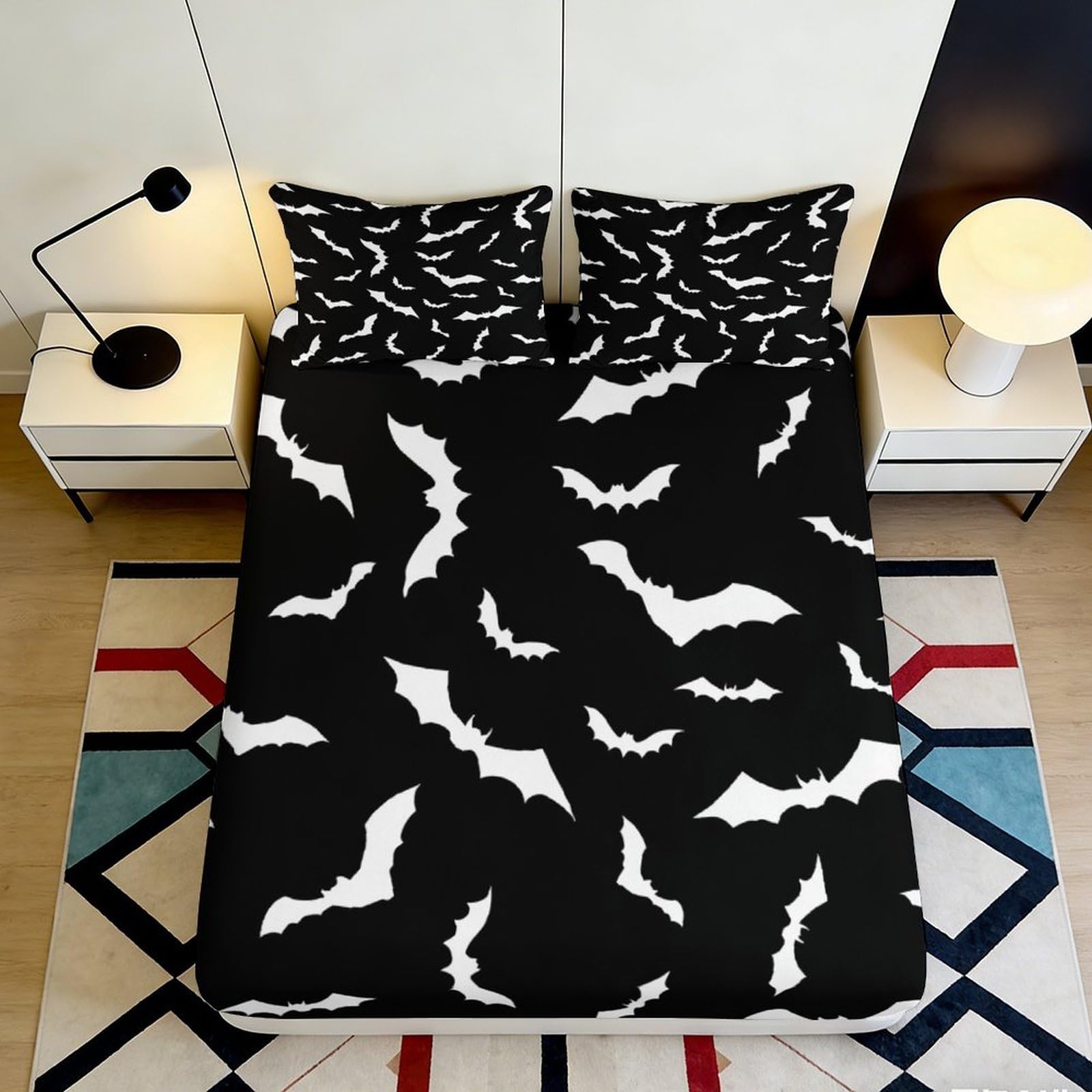 3D Printed Bat Silhouette Fitted Sheet Microfiber Soft Black White Gothic Halloween Mattress Cover Bedroom Decor 160x200x25cm