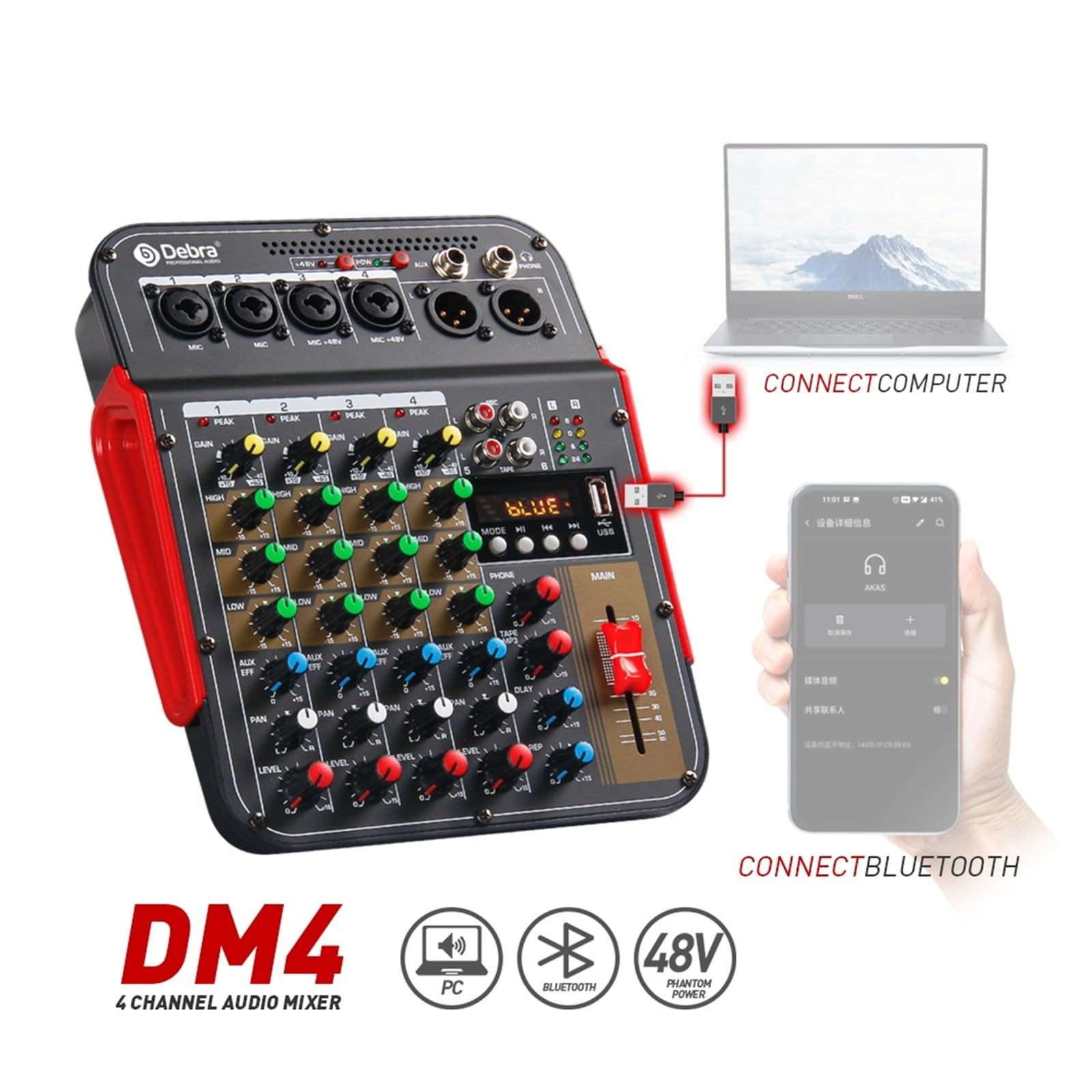 Mezclador de audio, Consola mezcladora DJ de 6 canales DM4 con Phantom 48 V, Bluetooth, USB for grabación, consola mezcla sonido