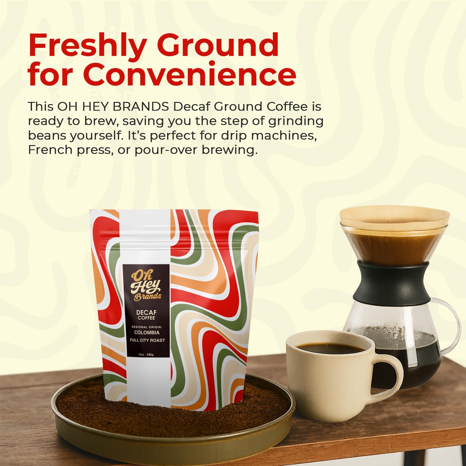 OH HEY BRANDS Decaf Ground Coffee 12 oz Medium Roast – Swiss water Decaf coffee blend with Rich Cocoa, Toasted Nut, and Dried Fruit Notes – Full-Flavor, Chemical-Free Decaf Coffee