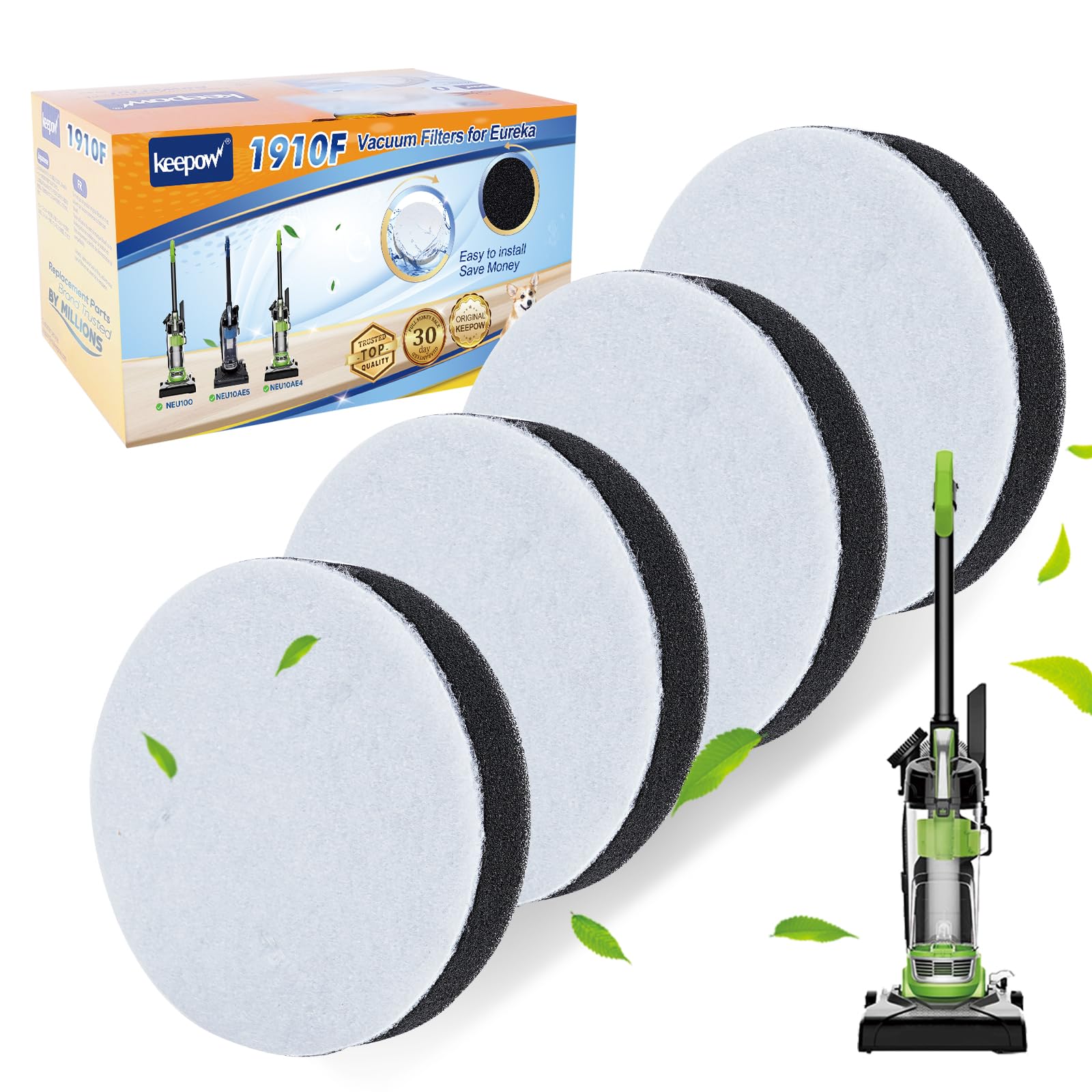 KEEPOW NEU100 Vacuum Filters for Eureka Airspeed Compact Bagless Upright Vacuum Cleaner NEU100, NEU10AE4, NEU10AE5, NEU10AE2, NEU102 Series, Part #E0106 (4 Pack)