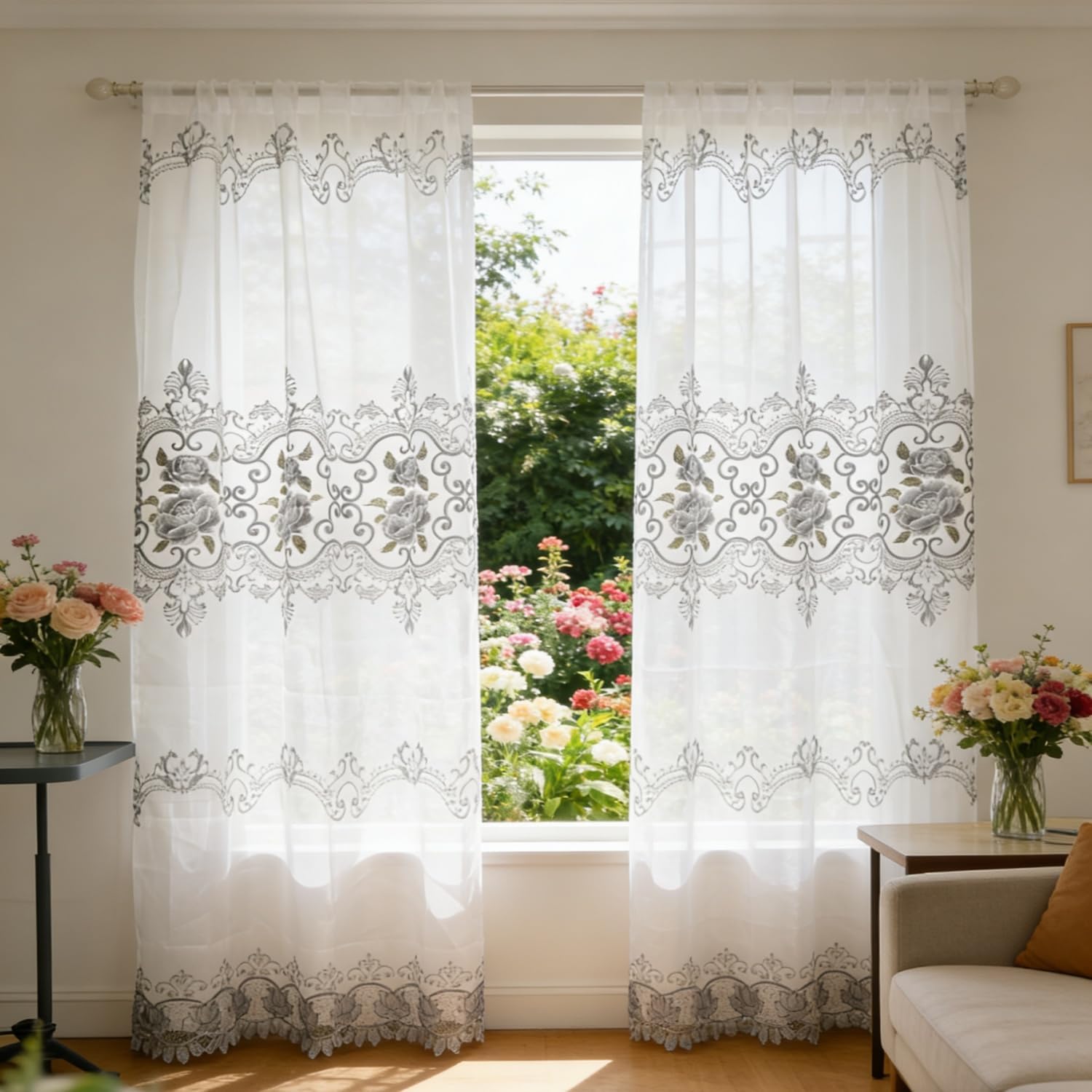 Embroidered Rod Pocket Sheer Curtains European Floral Luxury Soluble Embroidery Tulle Curtains for Living Room/Bedroom 1 Panel Thermal Insulated Window Treatment Drapes W114 x L84 inch