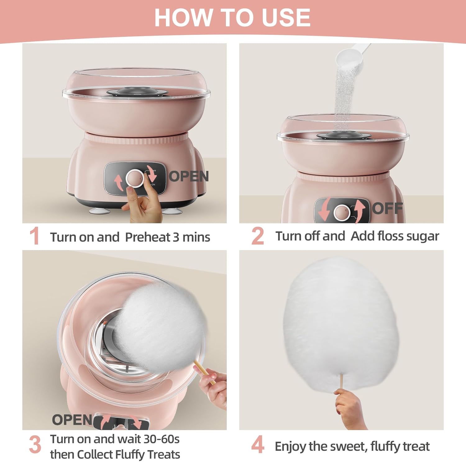 Cotton Candy Maker, Pink Cotton Candy Machine for Weddings, Birthday Parties, Christmas and Halloween, Easy to Clean, Home Use