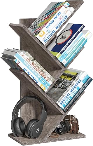 SHEEPAM 5 Tier Tree Book Shelf, Small Desktop Bookshelf with Storage Organizer, Wood Bookcase, Desk Display Bookshelves, Floor Standing Organizer Bookcases for Living Room,Bedroom,Office - Light Grey