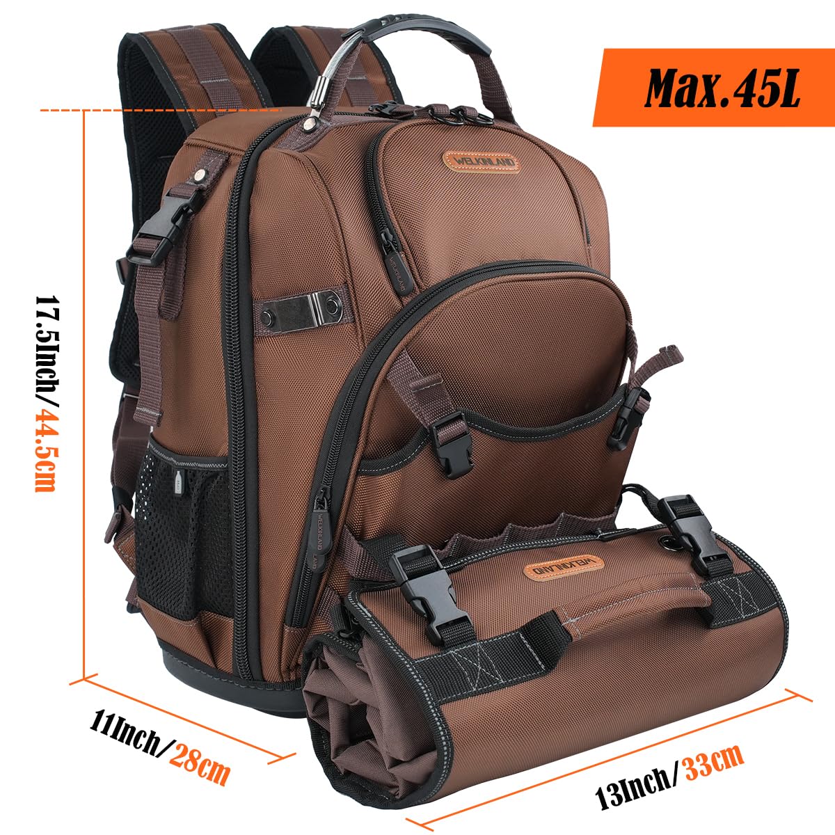 WELKINLAND 70 Taschen HVAC Werkzeugrucksack mit Werkzeugrolle, Werkzeugtasche Rucksack