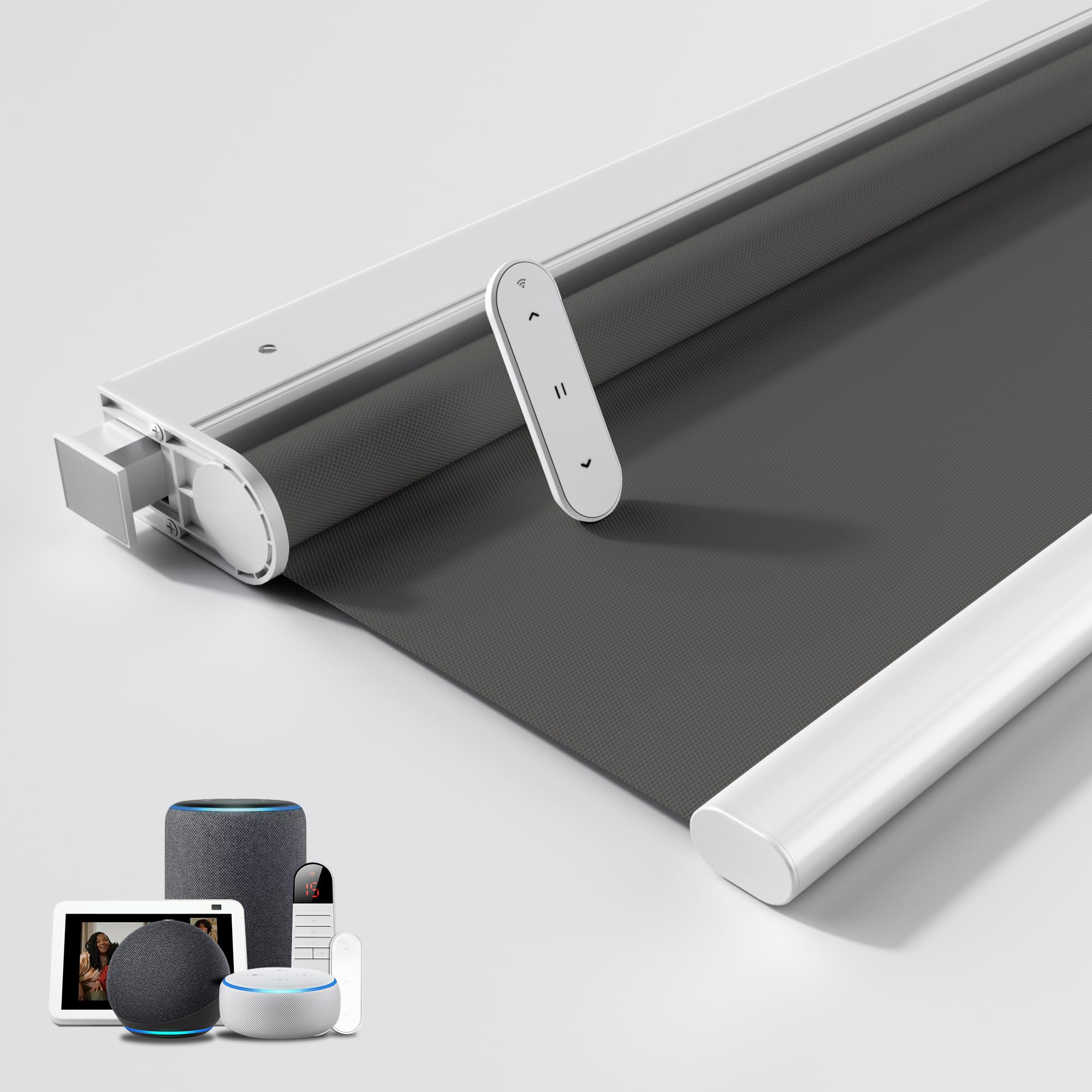 Grandekor No Drill Motorized Blinds with Remote, Blackout Roller Shade Electric Smart Remote Control Blinds, Fit for APP and Voice Control Smoky