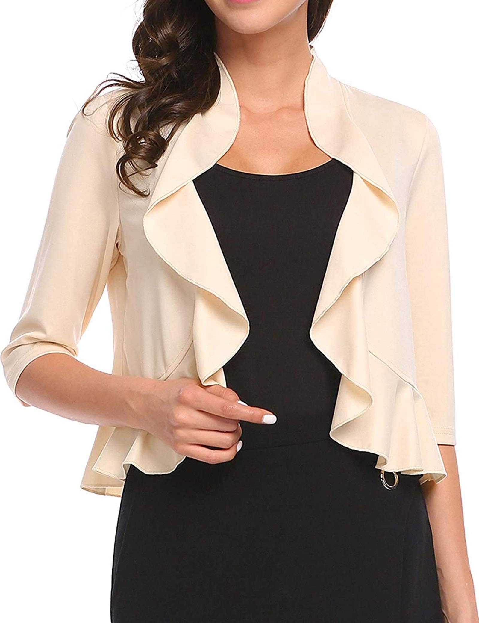AceshionWomen's Open Front Cropped Cardigan 3/4 Sleeve Casual Shrugs Jacket Draped Ruffles Bolero Cardigan