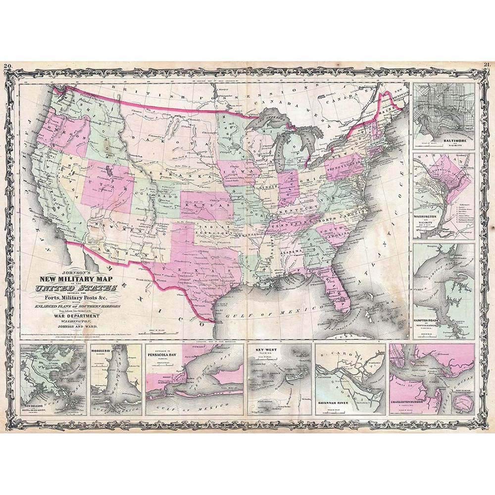 Wee Blue Coo Geography Map Illustrated Antique Johnson Military USA Civil War Art Print Poster Wall Decor 12X16 Inch