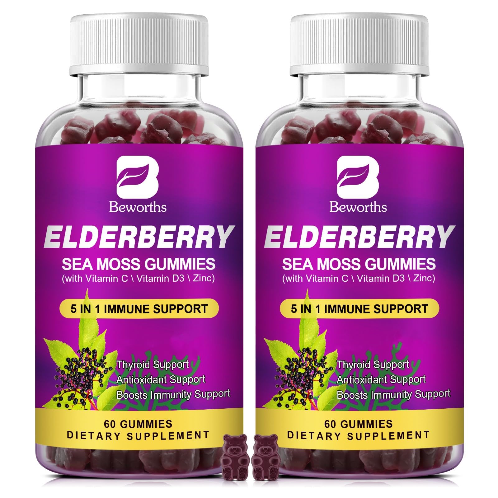 (2 Pack Elderberry Gummies & Irish Sea Moss, Organic Sambucus Elderberry Gummy with Seamoss, Zinc, Vitamin C, D3, Multivitamin Elderberry Vitamins - Sugar-Free