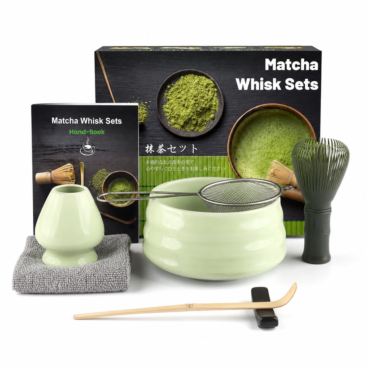 7pcs Matcha Whisk Set, Japanese Matcha Set Includes Yellow Plastic Chasen Whisk, Whisk Holder, Ceramic Matcha Bowl, Scoop, Sifter, Absorbent Cloth, Matcha Tea Kit for Beginners & Tea Lovers, Green