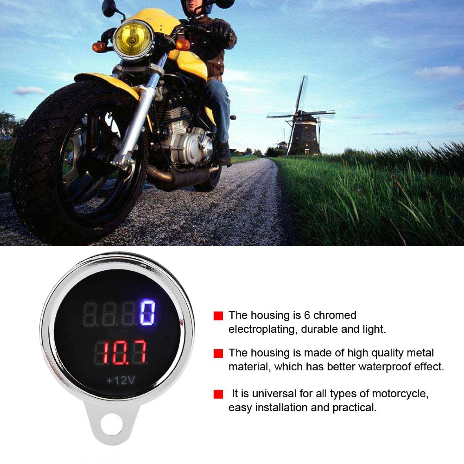 Tachimetro Digitale Moto 2 in 1, Contagiri LED + Voltmetro Universale 12V, Custodia Metallica Cromata, per Tutte le Motociclette