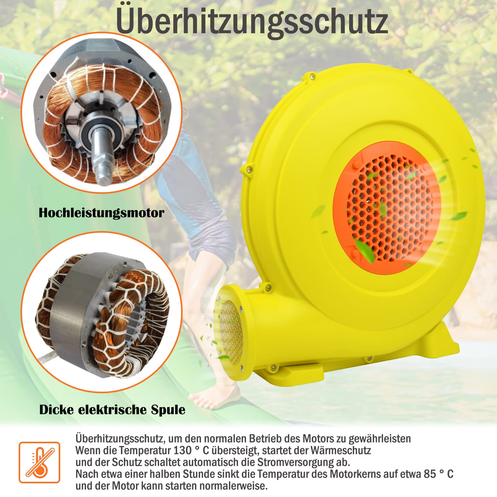 YUENFONG Dmuchawa 750 W, elektryczna pompa powietrza z gwoździami z tworzywa sztucznego, dmuchawa do nadmuchiwanych zabawek (580 m³/wys. 2100 Pa, żółta)