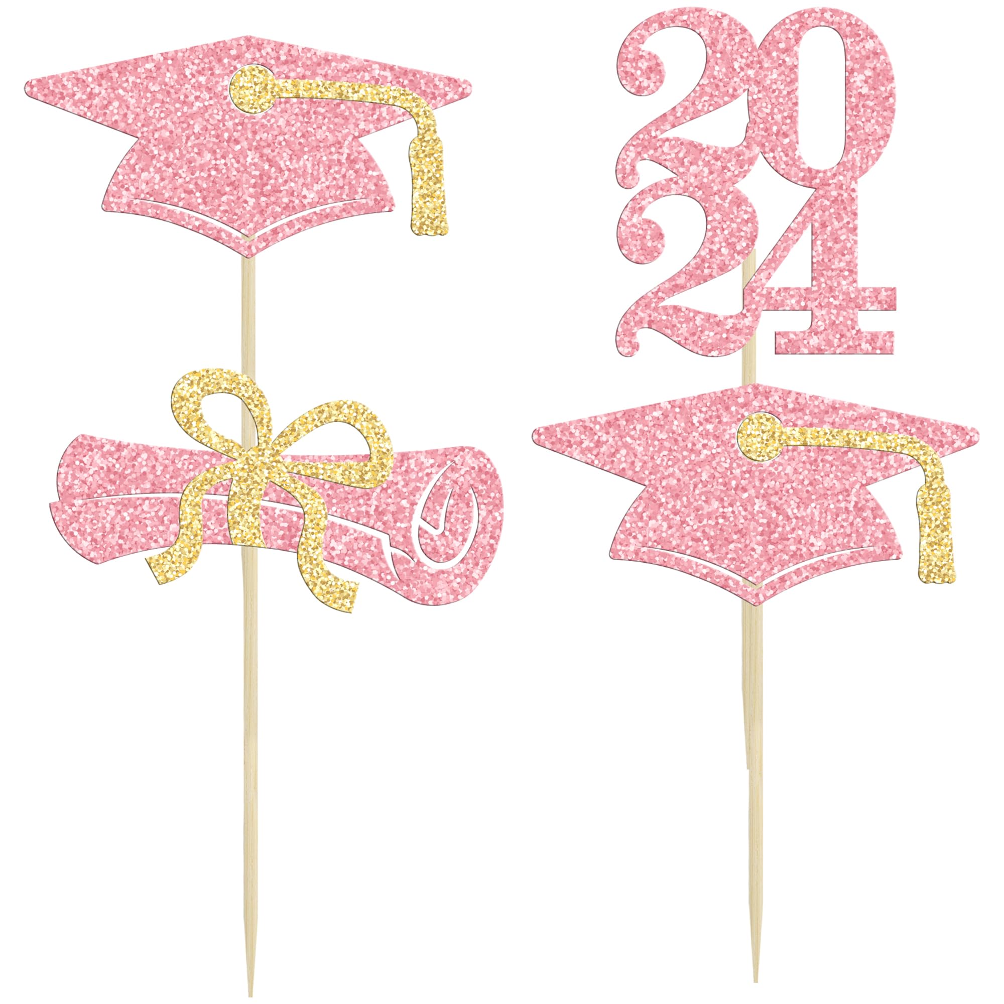 Ephlyn 24Pcs Graduation Cupcake Toppers Glitter Graduation 2026 Diploma Grad Cap Cake Topper Decorations for 2026 Theme Party Cake Decoration Supplies Pink Gold - Image 3