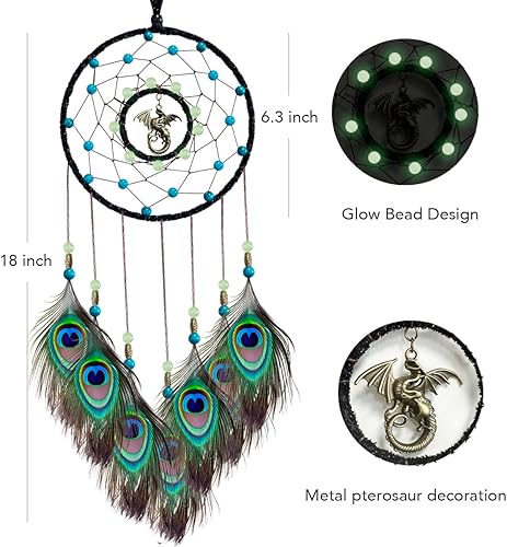 Miniatura 2 de AWLEE Atrapasueños para niños, decoración de pared de dragones para dormitorio de adultos, decoración colgante de plumas hecha a mano, adorno para