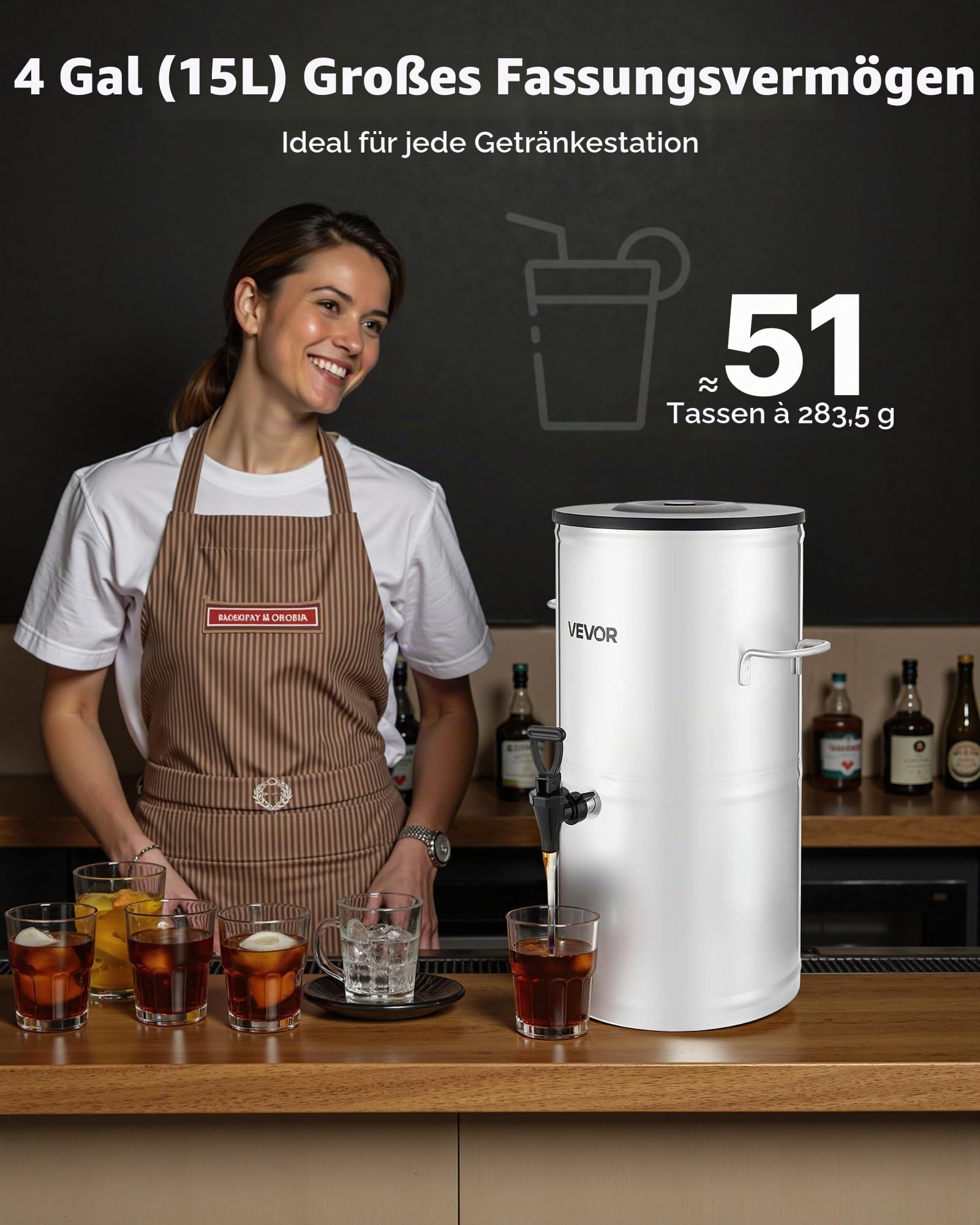 VEVOR Eisteespender Getränkespender aus 304 Edelstahl 15 L Getränkedispenser mit Zapfhahn & Griff, geeignet für heiße und kalte Getränke, für Eistee, Kaffee, Wasser in Cafés und Restaurants