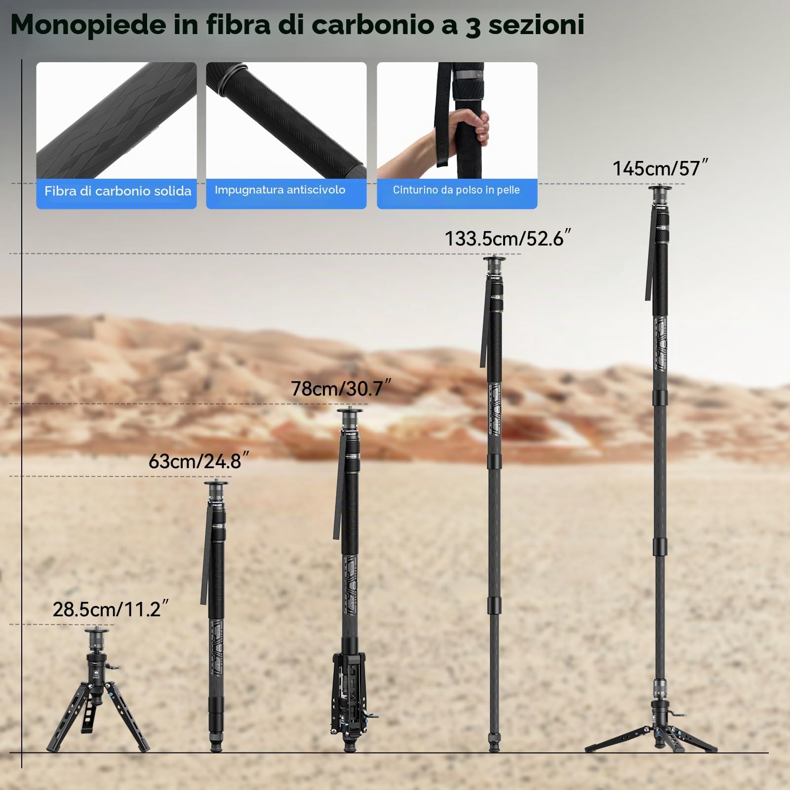 SIRUI SVM-145P Monopiede Carbin in Fibra, 57"/144cm Monopiede Video per Fotocamera con Pedale, Regolazione dell'altezza in Un Unico Passaggio con Blocco a Torsione, Carico Massimo 22 lbs/10 kg