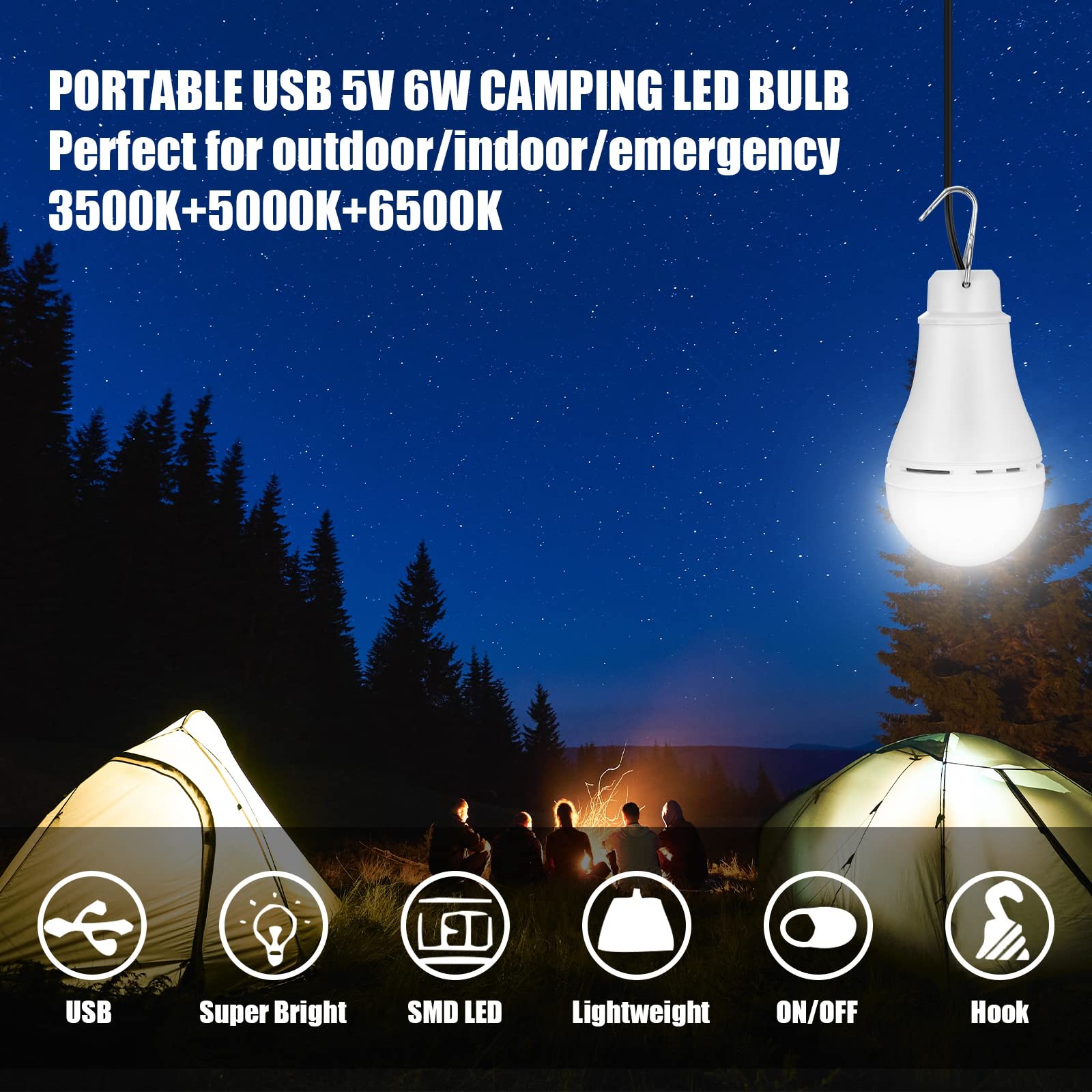 Lot de 6 guirlandes lumineuses USB LED portables rechargeables USB avec câble répartiteur USB pour camping, porche, jardin, garage, entrepôt, camion, bateau de pêche