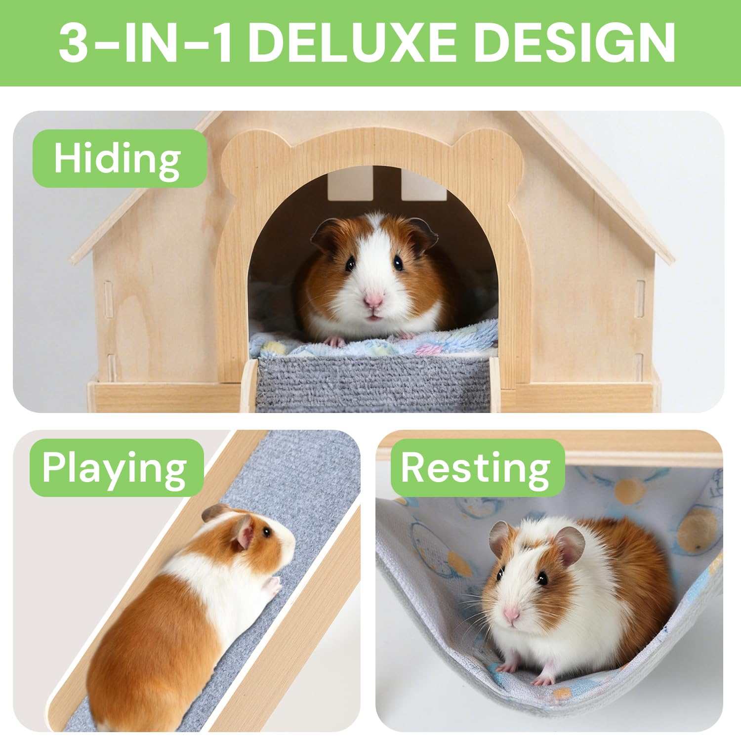 Meerschweinchenversteck - Meerschweinchen-Spielzeug aus Holz mit Treppe und Matte und Hängematte, abnehmbares Doppeldecker-Haus für Hamster, Chinchilla, Frettchen, Meerschweinchen, Zubehör