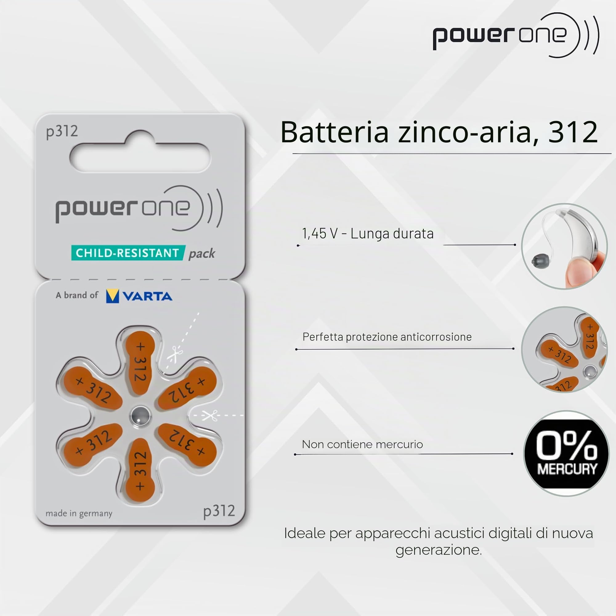 PowerOne - Confezione da 10 confezioni da 60 batterie, misura 312