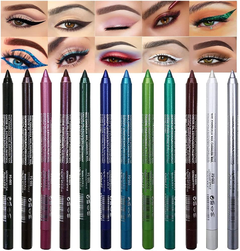 12Pcs Blue Green Black Silver Red Colored Gel Eyeliner Color Pencil Pen Set