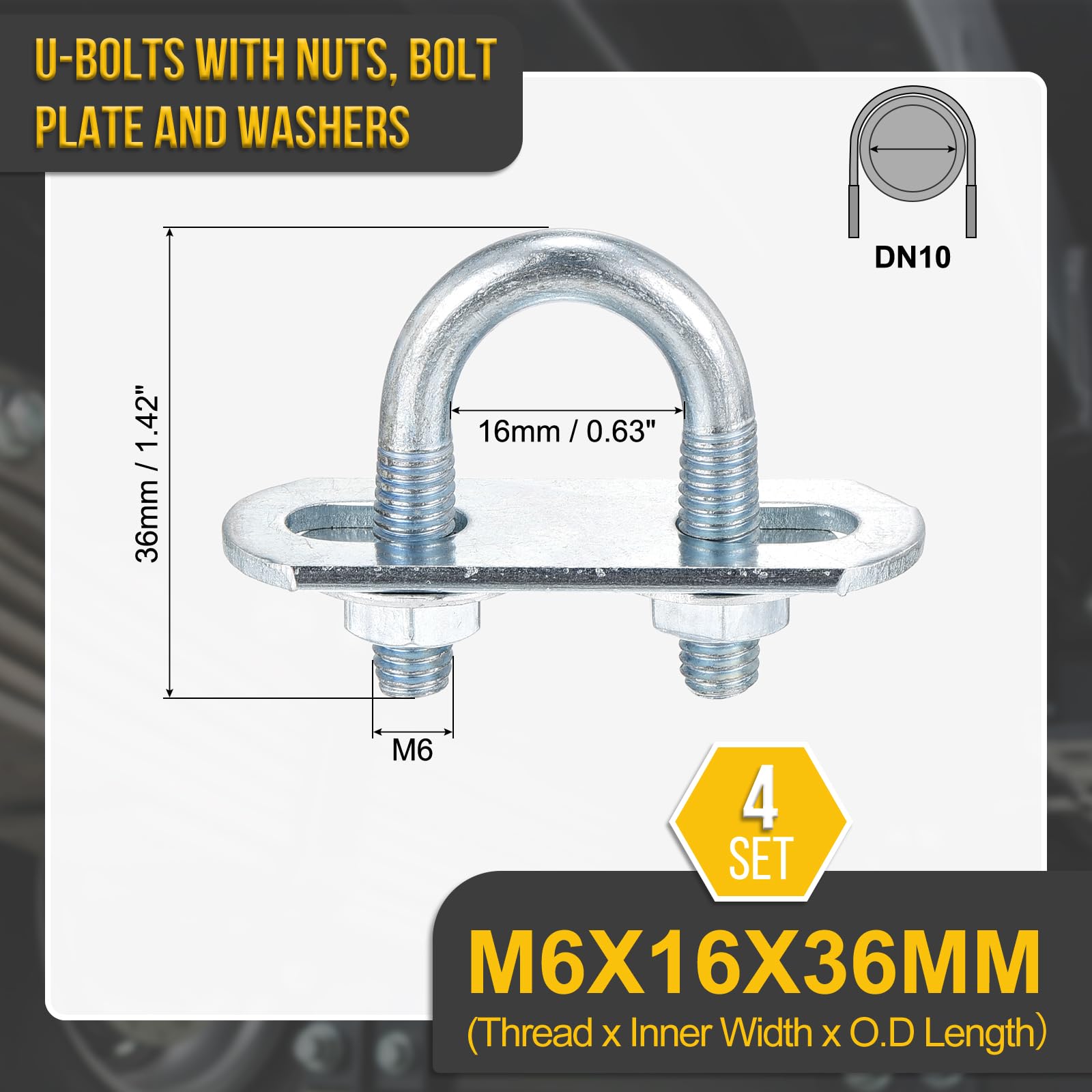 DTGN M6x16x36mm U Bolts Round Kit, 4Set, Carbon Steel U-Bolt Kit with Nuts, Washers, Frame Plate, Good for Pipe Trailer - Image 2