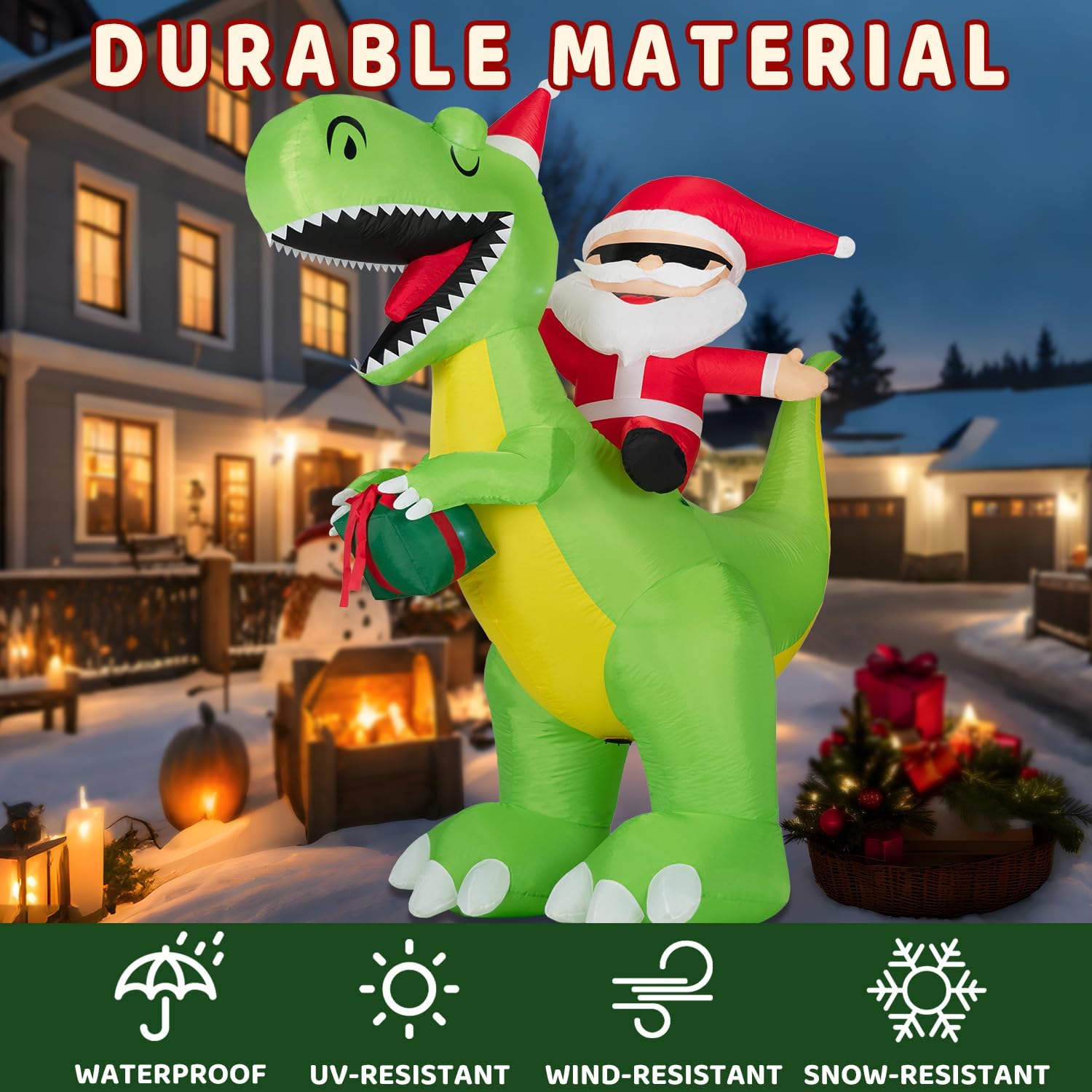 ININ 8FT Christmas Inflatables Santa Claus Riding Dinosaur Decorations Outdoor,Christmas Blow Up Santa Claus Yard Decorations Built-in LED Lights,Holiday Party Decor,for Yard/Lawn/Garden. - Image 5