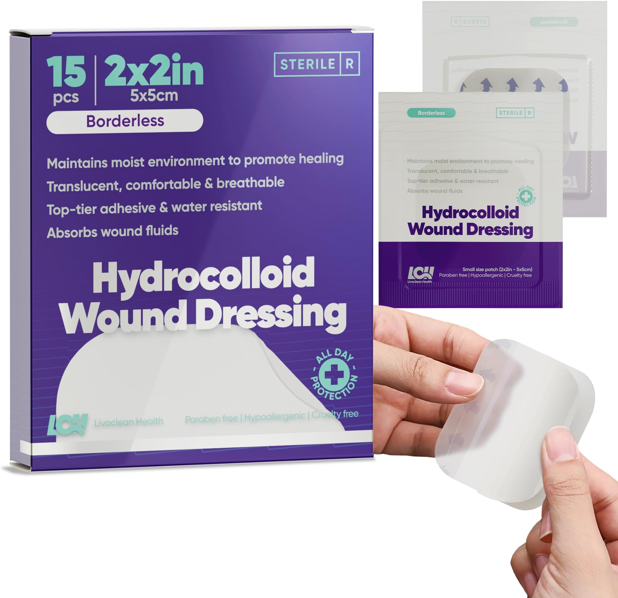 Livaclean Health 15 Count 2" x 2" Sterile Hydrocolloid Wound Dressing - Individually Packed, Adhesive Bandage, Large Patches