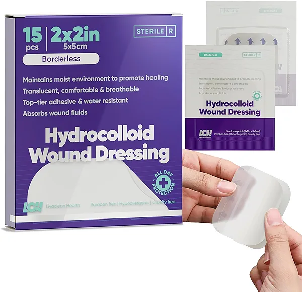 15 CT 2" x 2" Hydrocolloid Wound Dressing - Sterile Colloidal Bandages - Adhesive Hydrocolloid Bandages Small - Individually Packed Healing Patches for Wounds and Blisters by Livaclean Health
