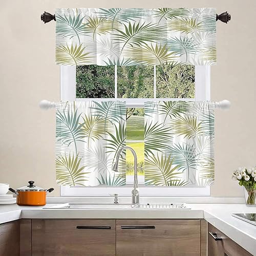 Miniatura 2 de Shrahala Cenefas de cocina con hojas de naturaleza blanca, cortinas verdes para ventana de media ventana, tratamiento de ventana de poliéster