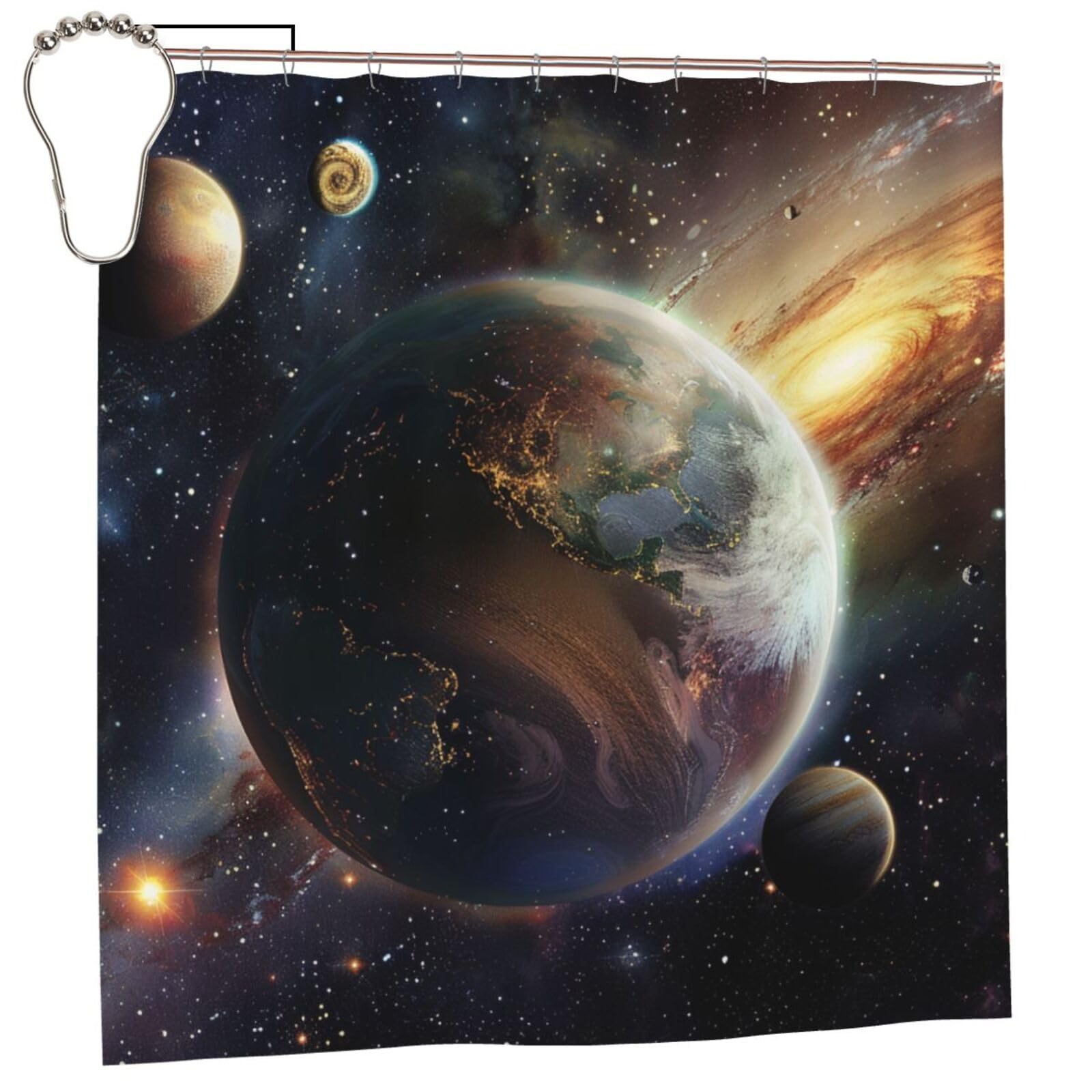BWWHCCTI Universe Planet Printed Shower Curtain With 12 Iron Hooks Opaque Quick Drying Waterproof Shower Curtains Sets For Bathroom 183x183 CM