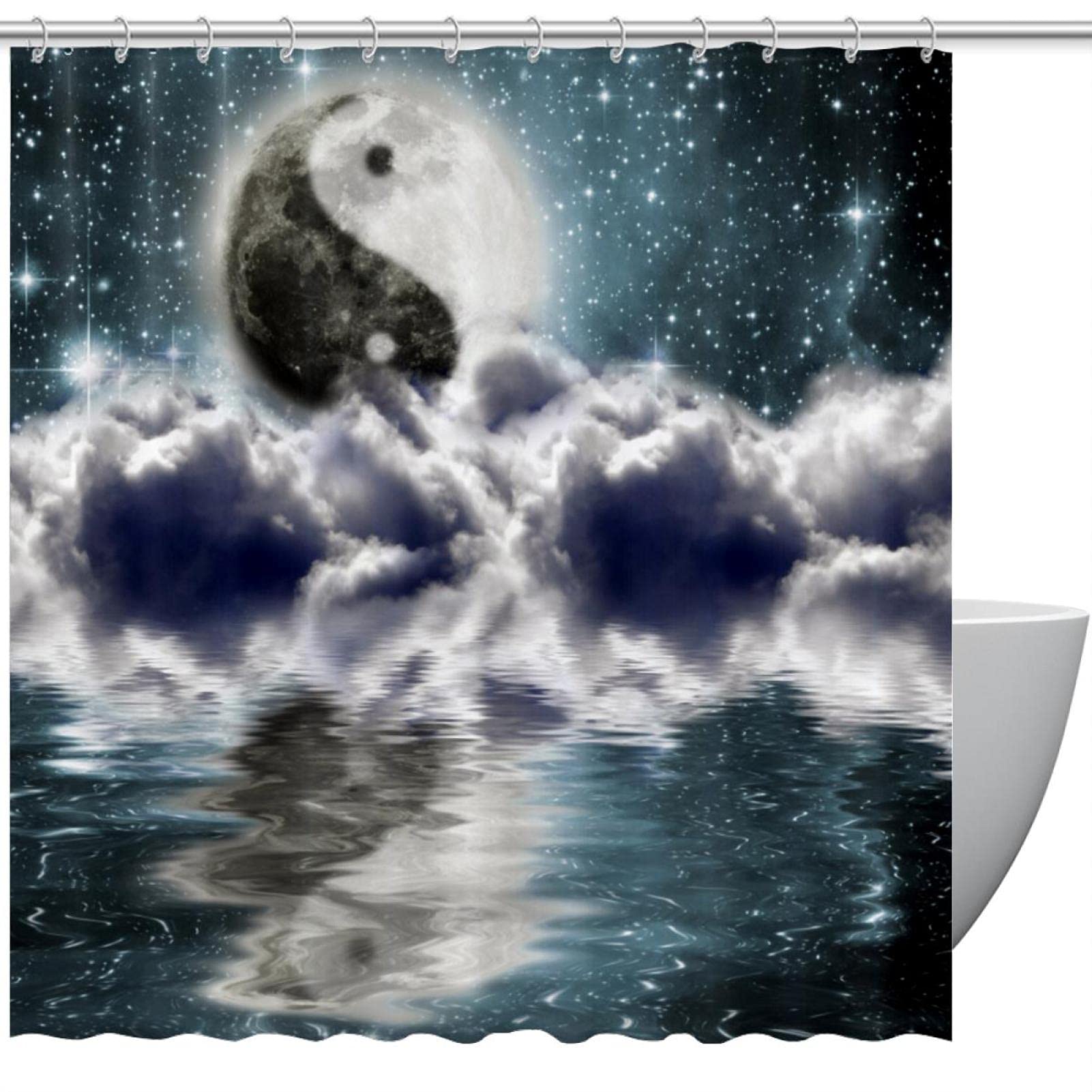 Rideau de douche sans odeur motif lune et nuages étanche pour baignoire familiale