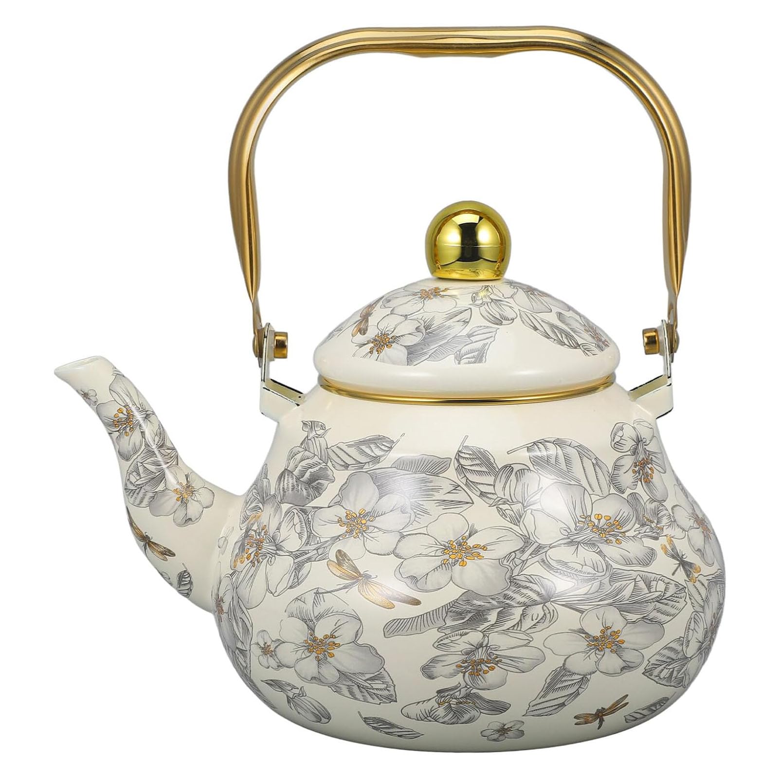 RSBFER Emaillierter Teekessel im Vintage-Stil, Teekanne aus Stahl mit Blumenmuster, Heißwasserkessel für Induktion, Gasherd, Holzofen,1.5L